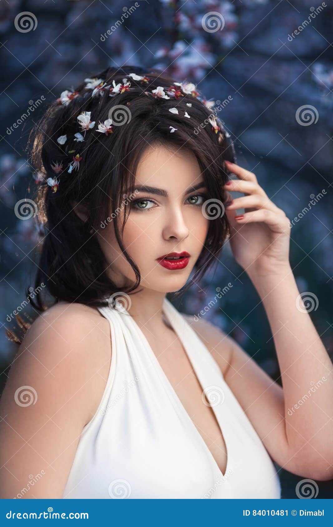 Beautiful Girl Standing At Blossoming Tree In The Garden Stock Image Image Of Dress Branch