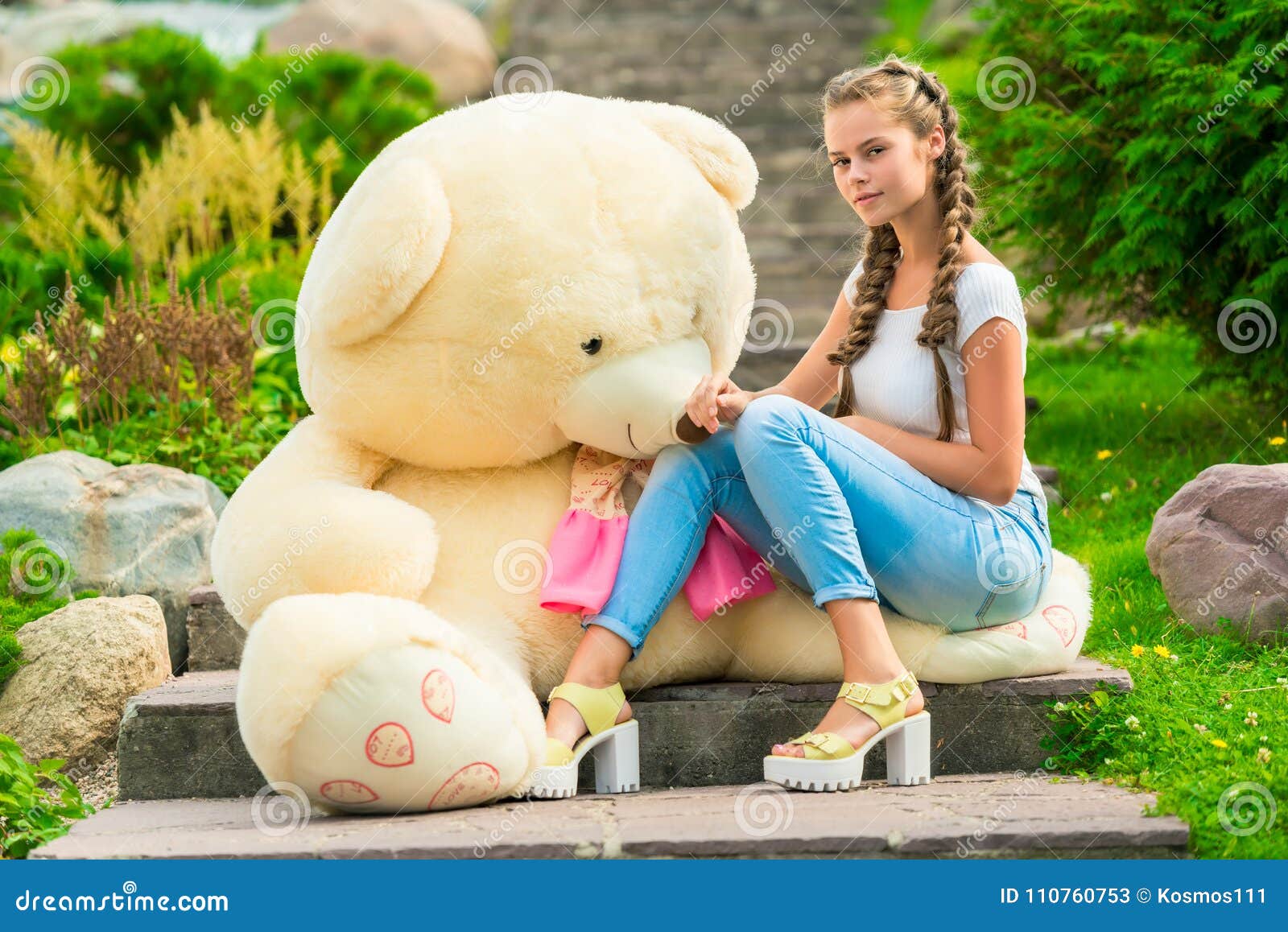 Beautiful Girl 20 Years Old with a Big Teddy Bear in the Park ...
