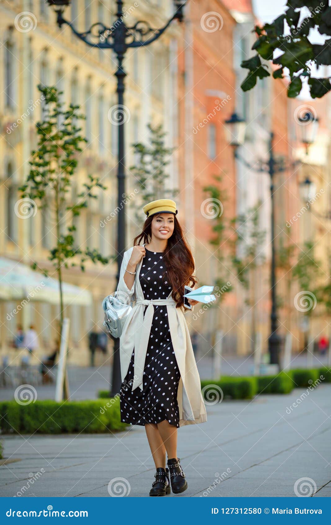 A Beautiful, Glamorous and Stylish Brunette Girl Walks in the Ci Stock ...