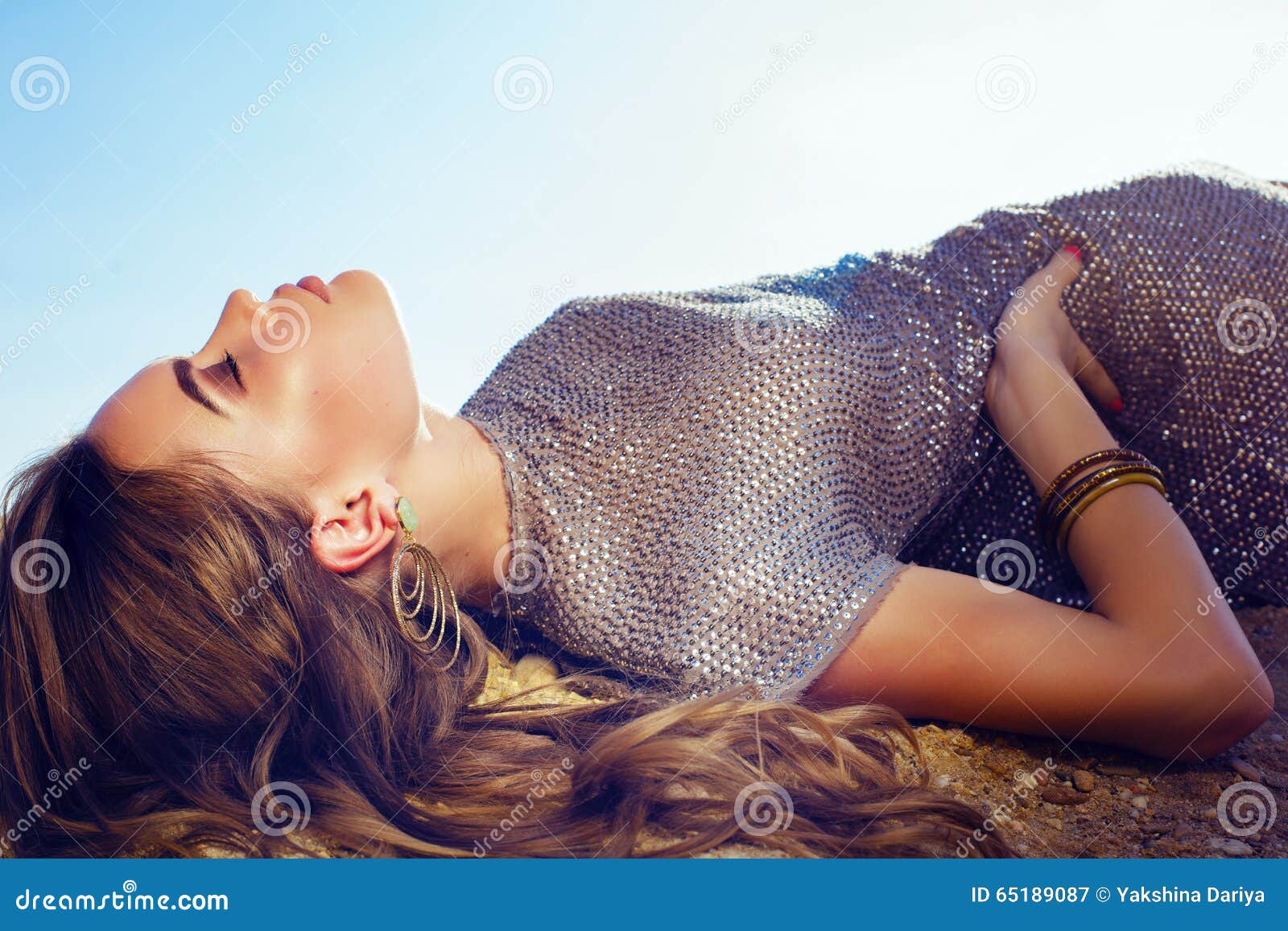 Beautiful Glamour Woman With Dark Hair Posing On Summer Beach Stock