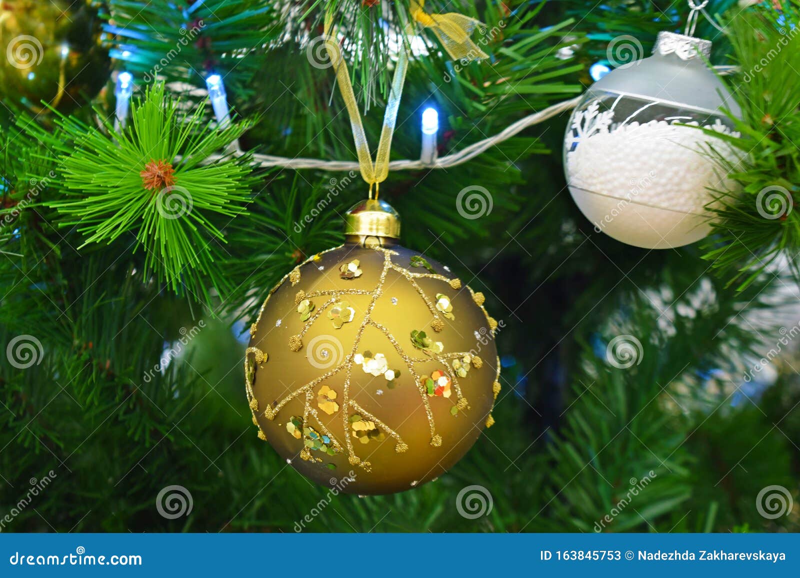 Beautiful Golden Ball on the Christmas Tree. Stock Image - Image of ...