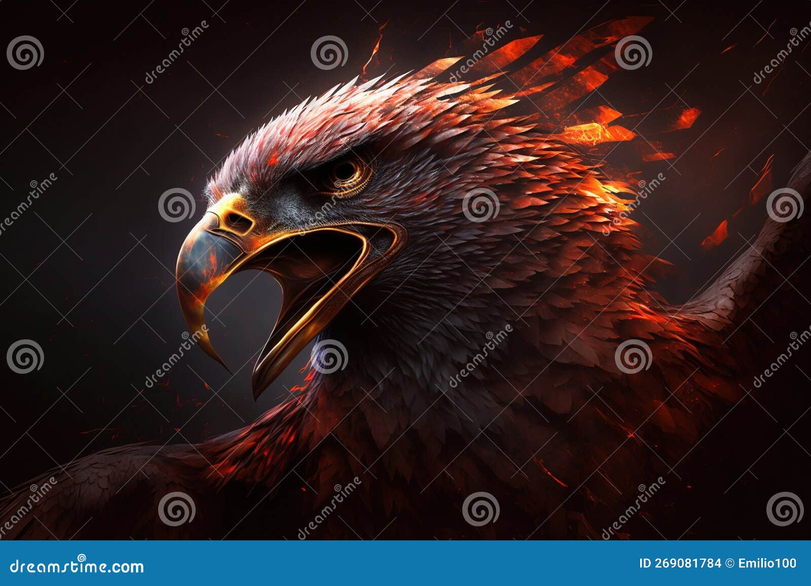 Beautiful Golden Eagle in Red Flames, Generative AI Stock Photo Image