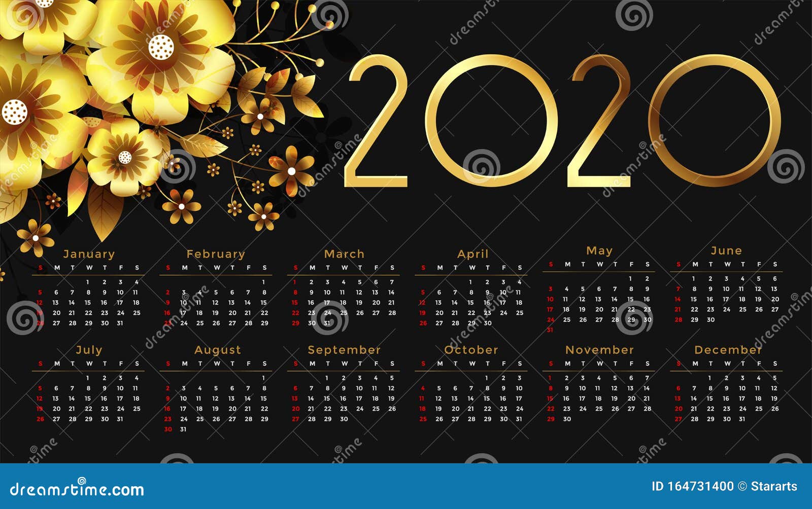 Beautiful 2020 Golden Flower Happy New Year Calendar Design Stock ...