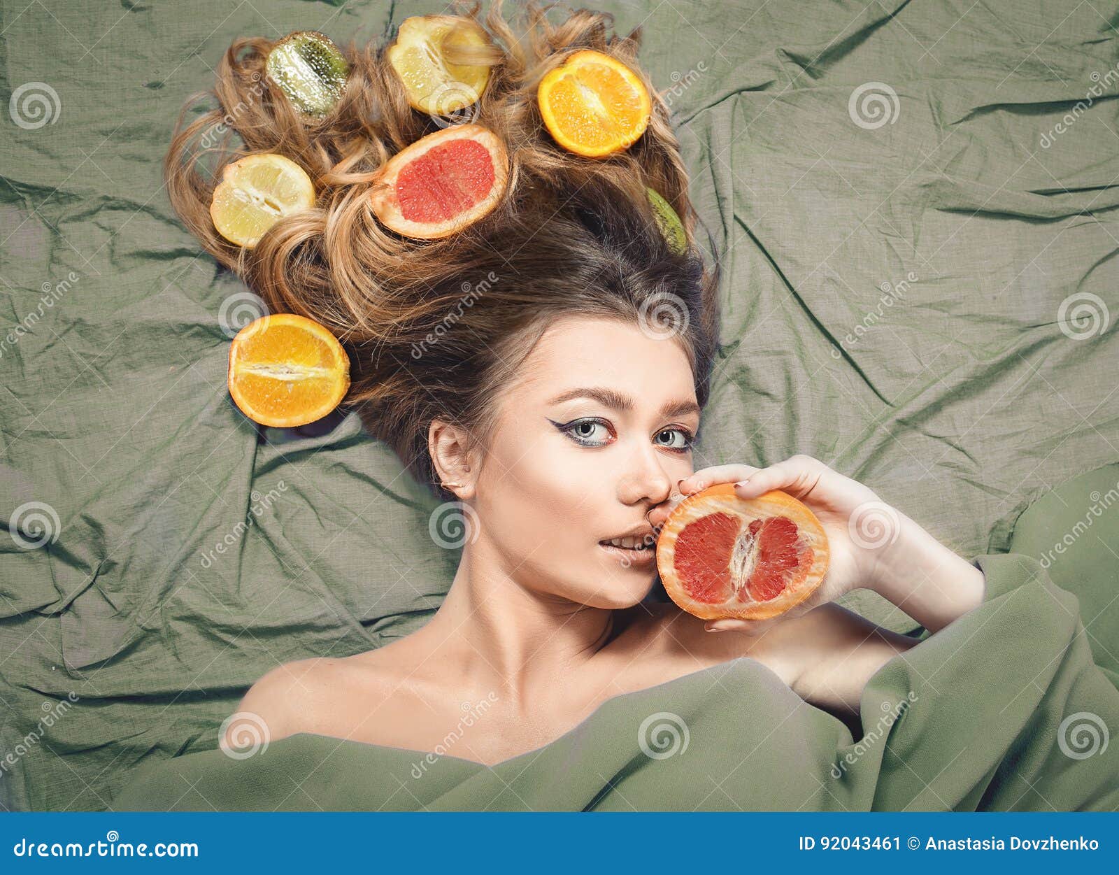 Beautiful Gorgeous Model Girl with Colorful Citrus Healthy Fruits in Her  Shiny Hair. Care and Hair Products. Hair Care Concept Stock Image - Image  of face, adult: 92043461