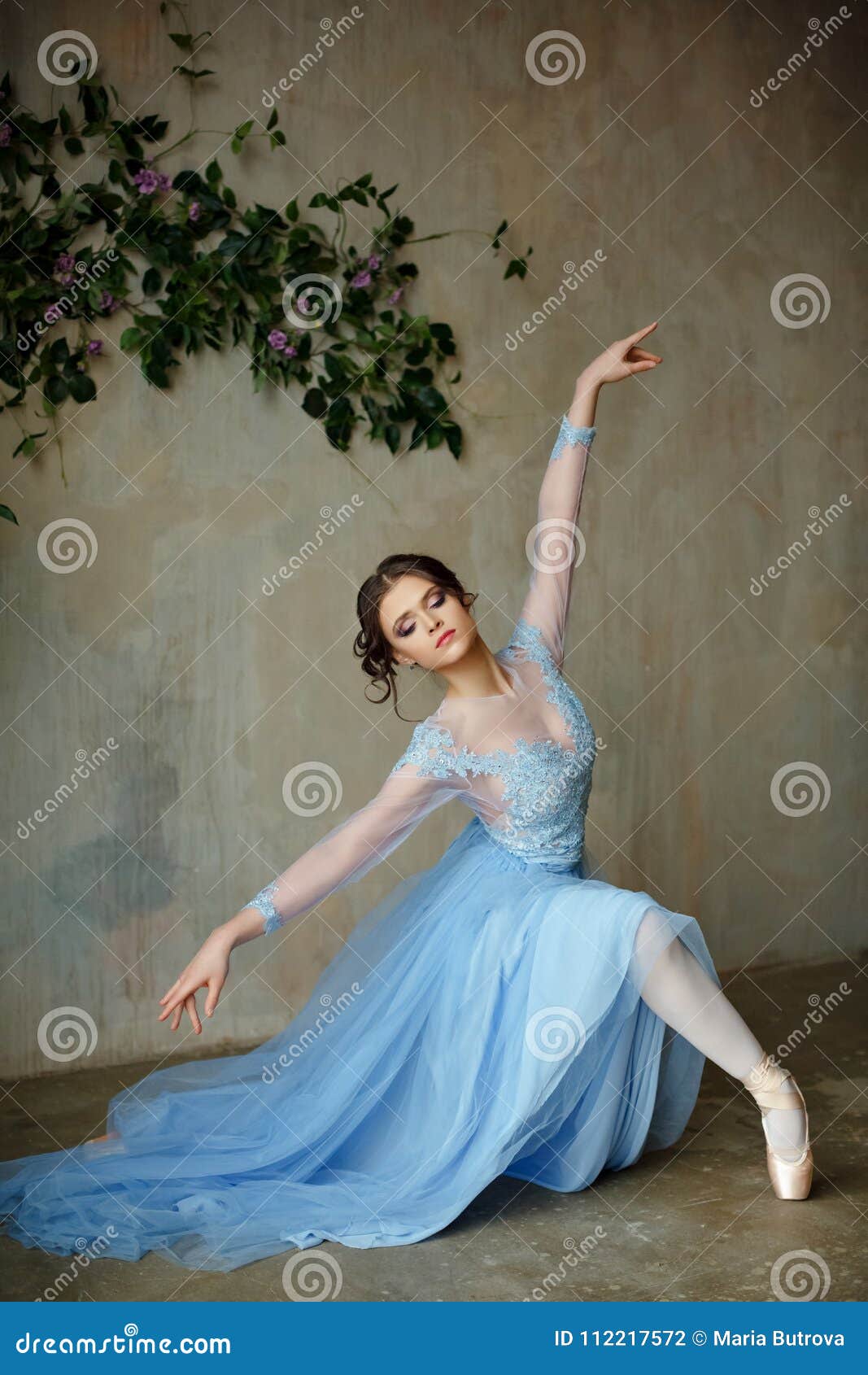 Beautiful Graceful Girl Ballerina in Blue Dress Dancing in Point Stock ...