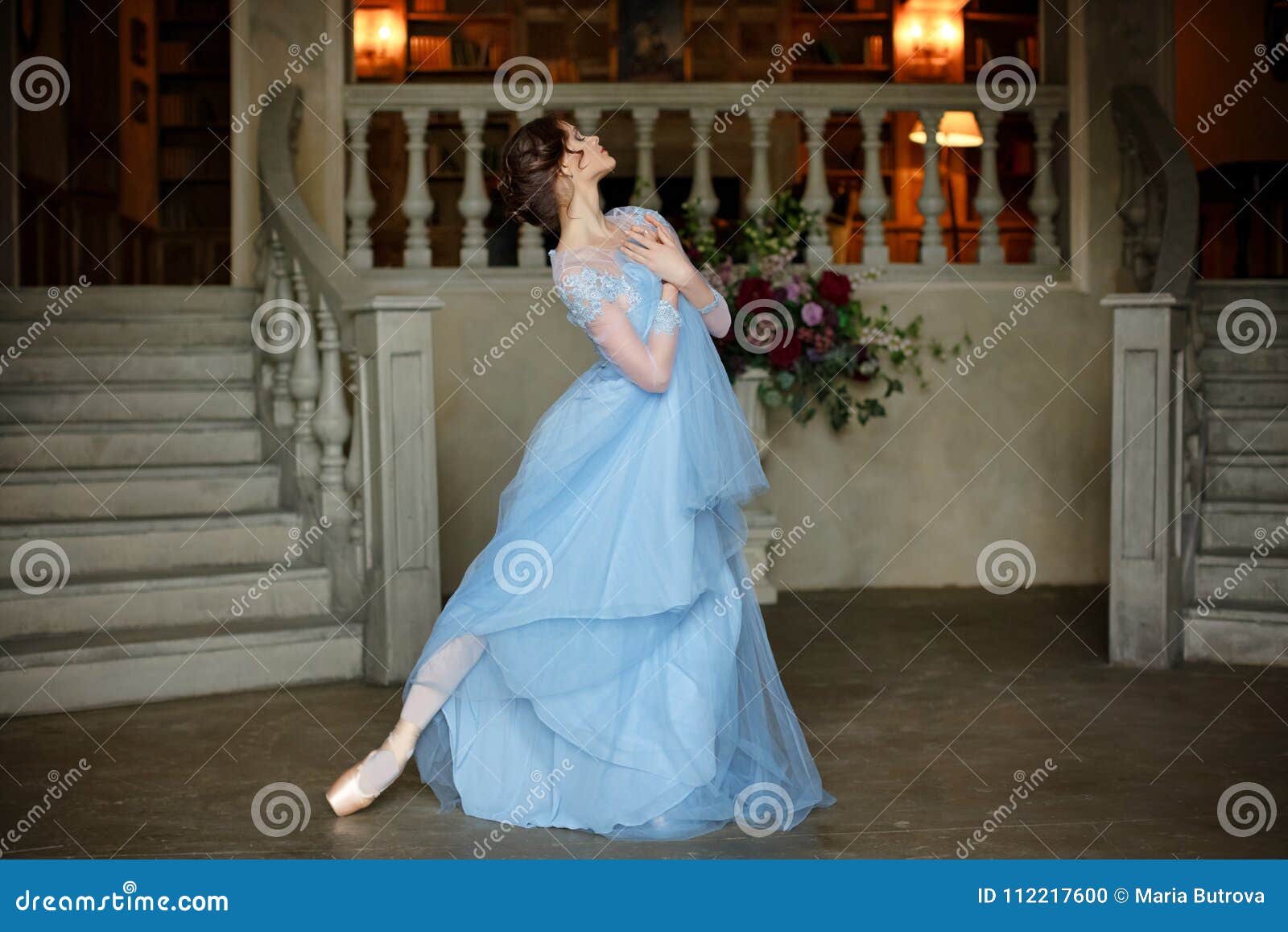 Beautiful Graceful Girl Ballerina in Blue Dress Dancing in Point Stock ...