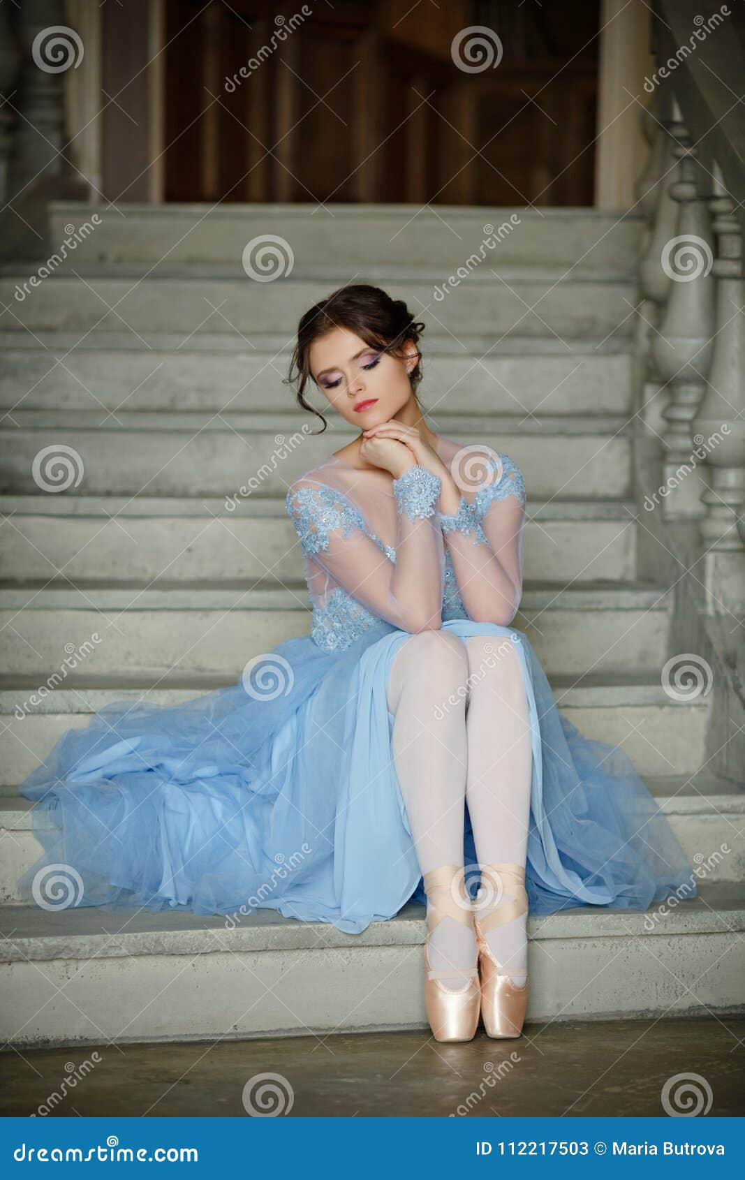 Beautiful Graceful Girl Ballerina in a Blue Dress and Pointe is Stock ...