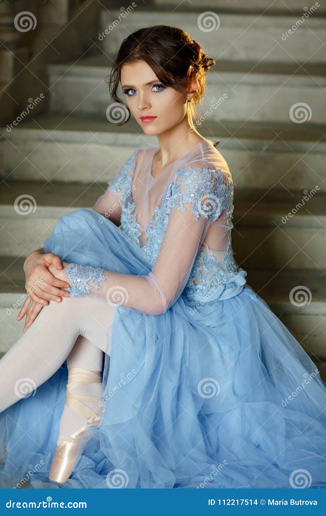 Beautiful Graceful Girl Ballerina in a Blue Dress and Pointe is Stock ...