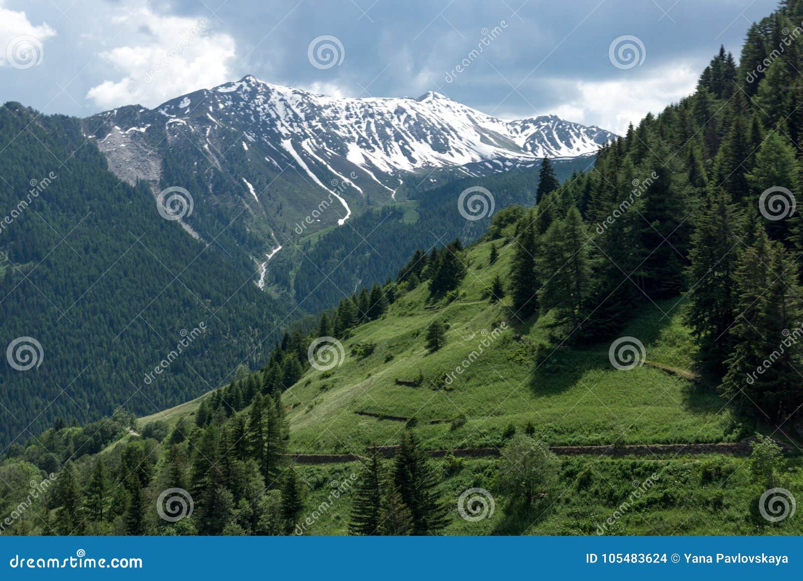 Beautiful Green Valley With Covered Snow Mountain Peaks Stock Photo