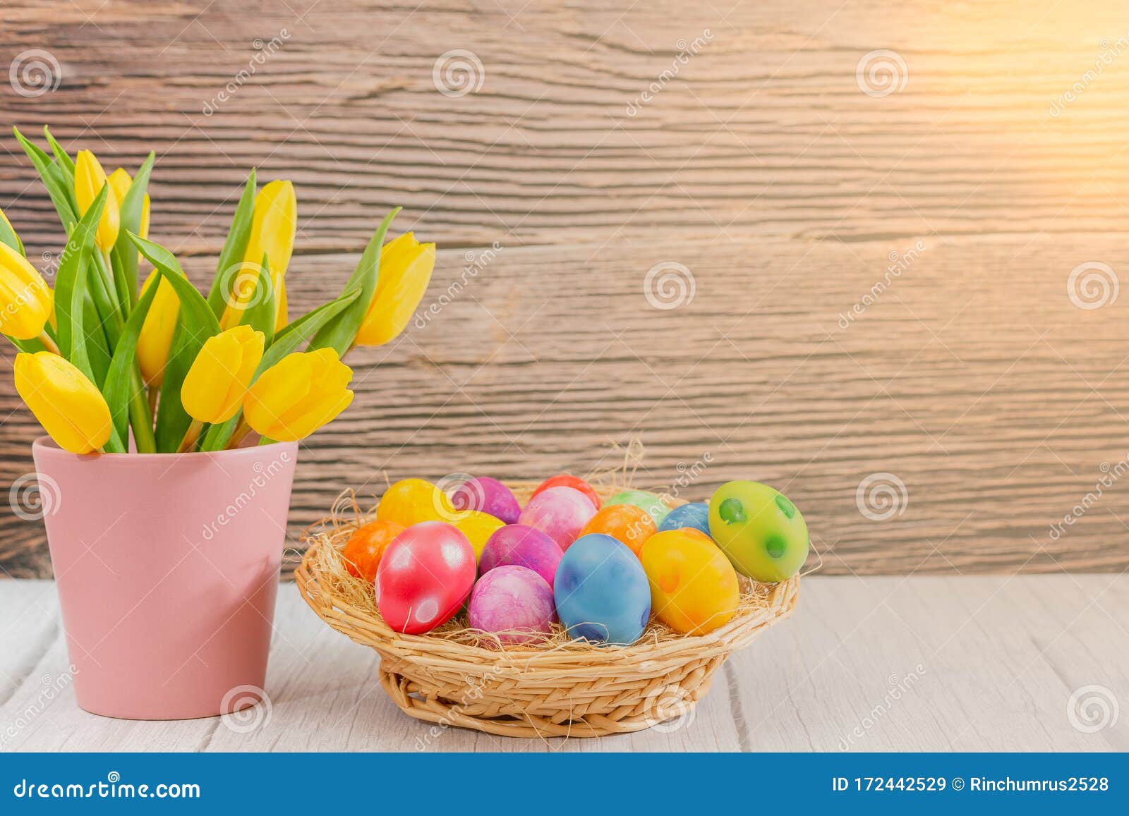 Beautiful Group Easter Eggs in the Spring of Easter Day, Red Eggs, Blue ...