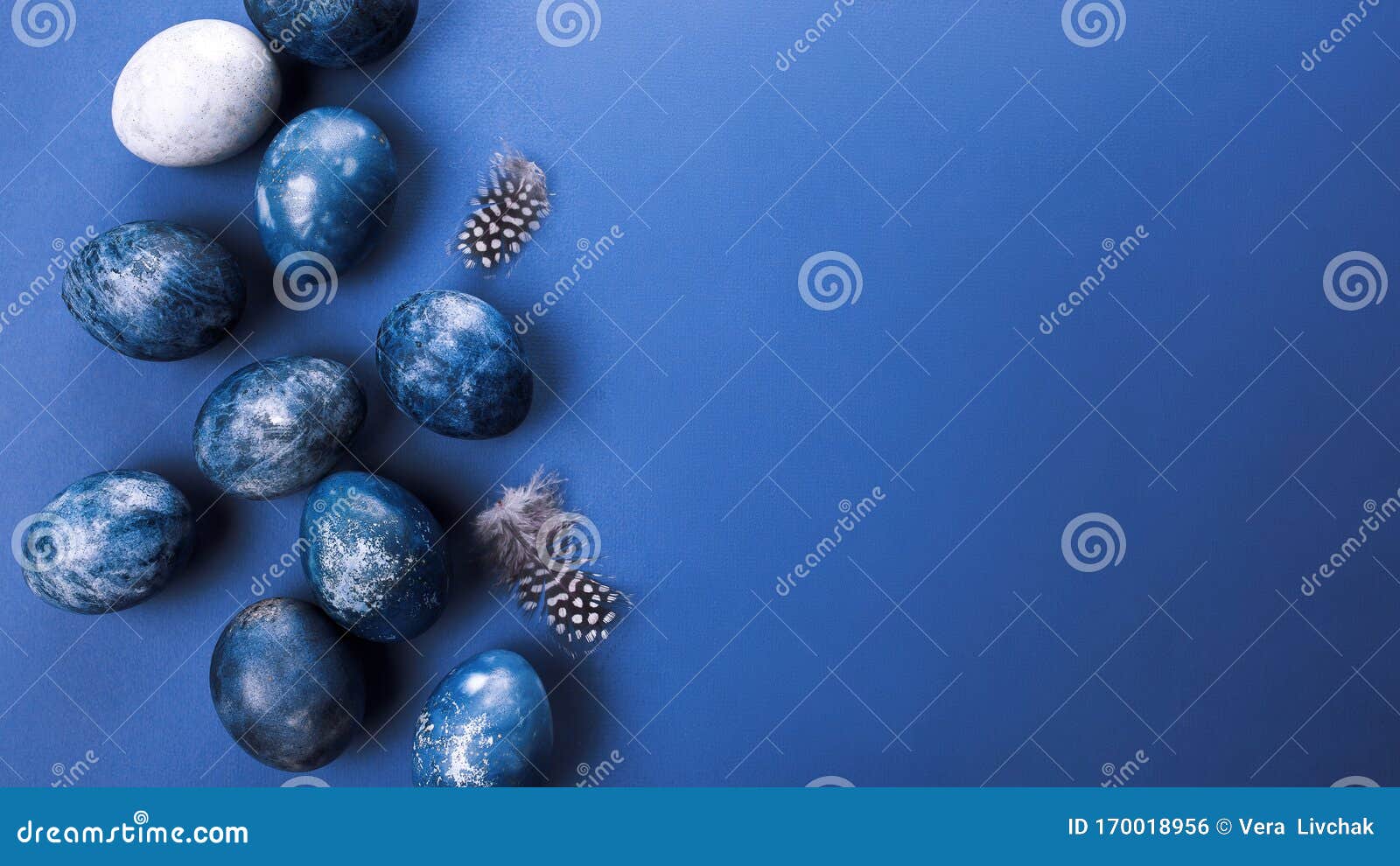 Beautiful Group Ombre Blue Easter Eggs with Quail Eggs and Feathers on ...