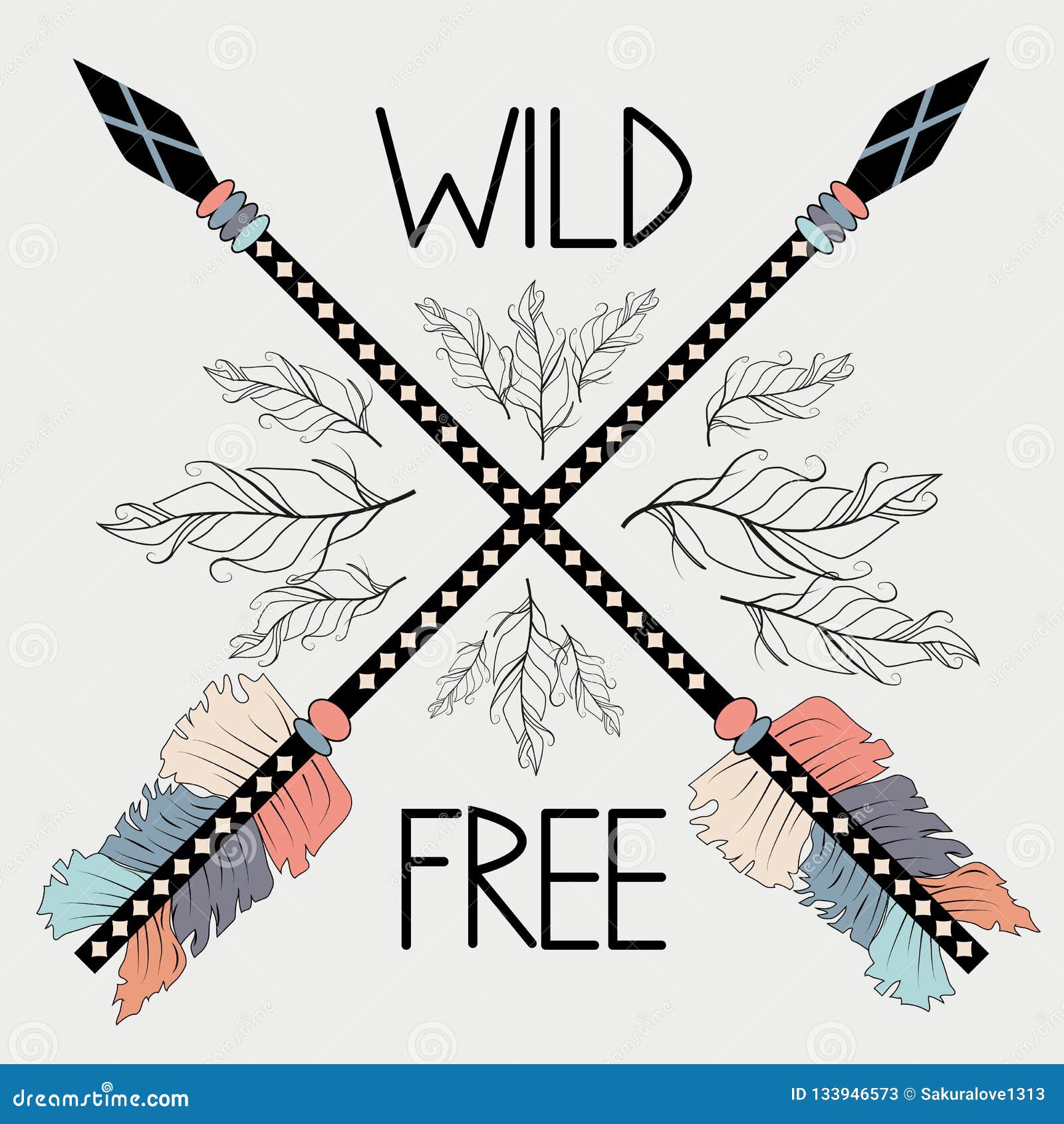Colorful Illustration With Crossed Ethnic Arrows Feathers And Tribal Ornament Boho And Hippie 