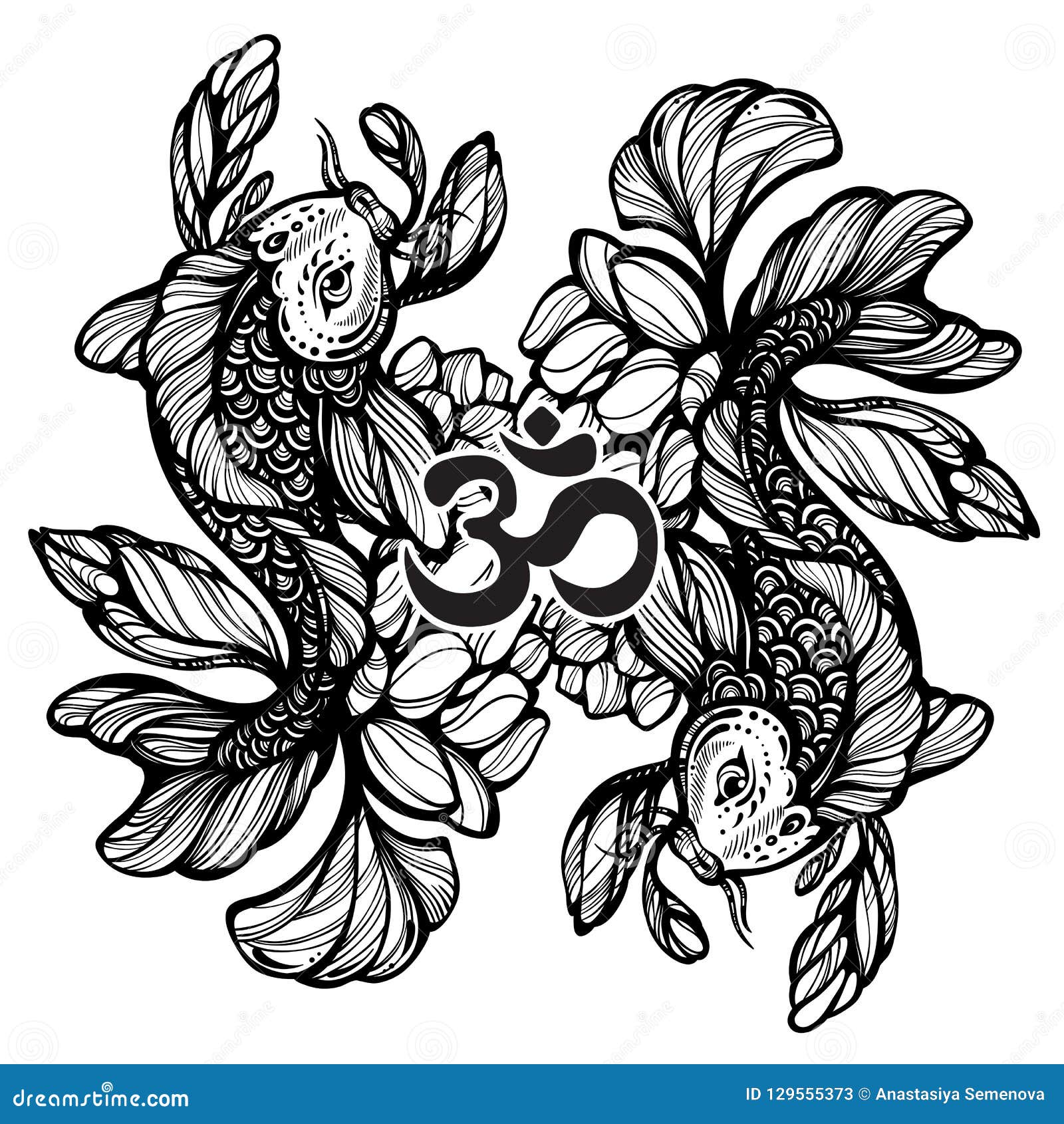 Beautiful Hand Drawn Oriental Illustration Of Koi Carp Fish
