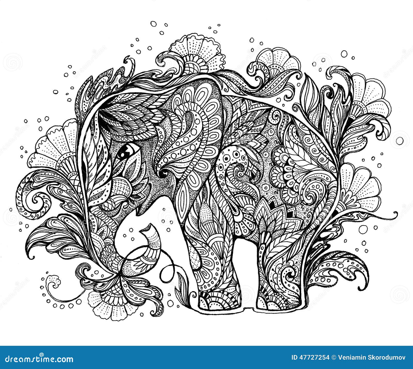 Beautiful Handpainted Elephant with Floral Ornament Stock Illustration