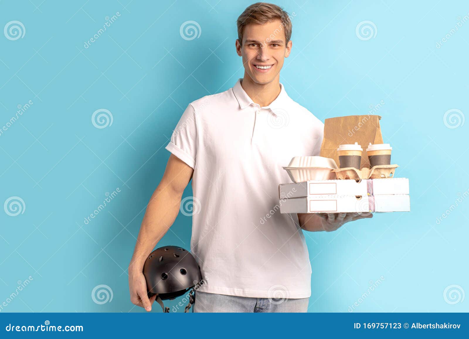 Beautiful Handsome Delivery Man In White T Shirt Stock Image Image Of Business Person 169757123