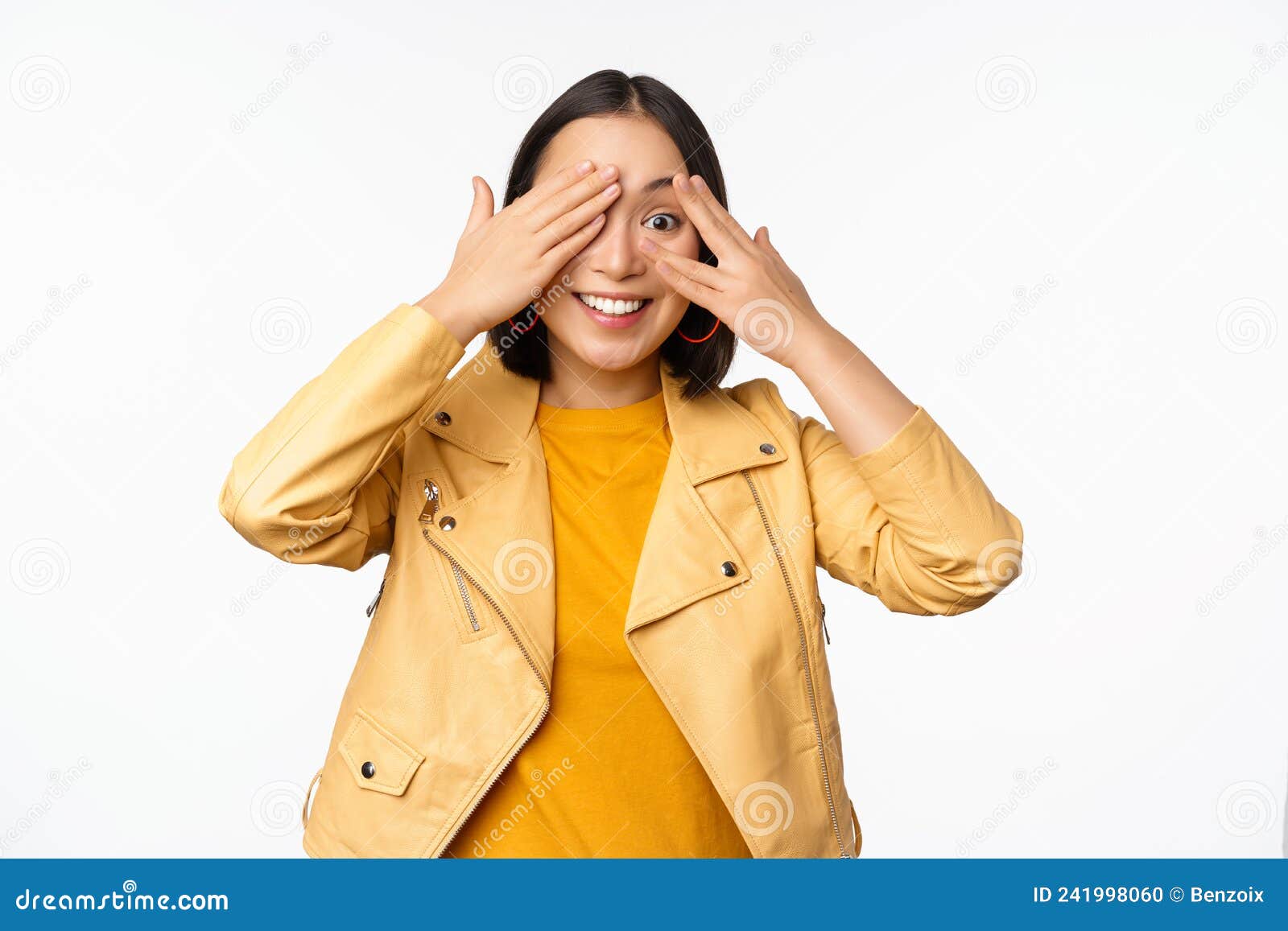 Beautiful Happy Asian Woman Shuts Eyes Blindfolded Waiting For Surprise And Smiling Peeking