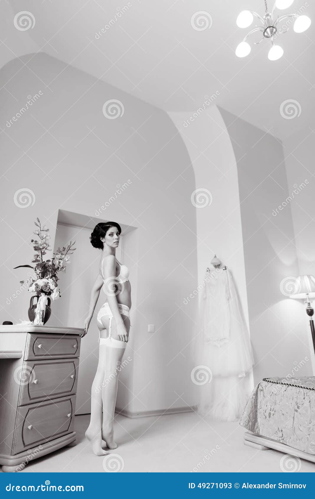 Beautiful Happy Bride In White Silk Lingerie In Her Bedroom Stock Image Image Of Bridal