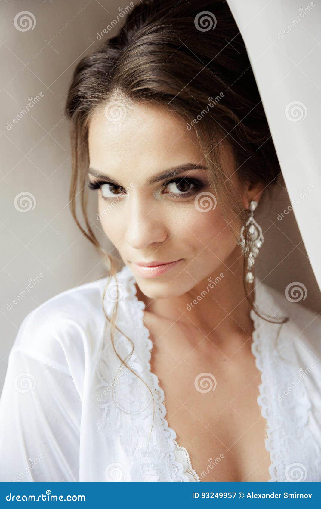 Beautiful Happy Bride In White Silk Lingerie Stock Image Image Of Luxury Bedroom 83249957