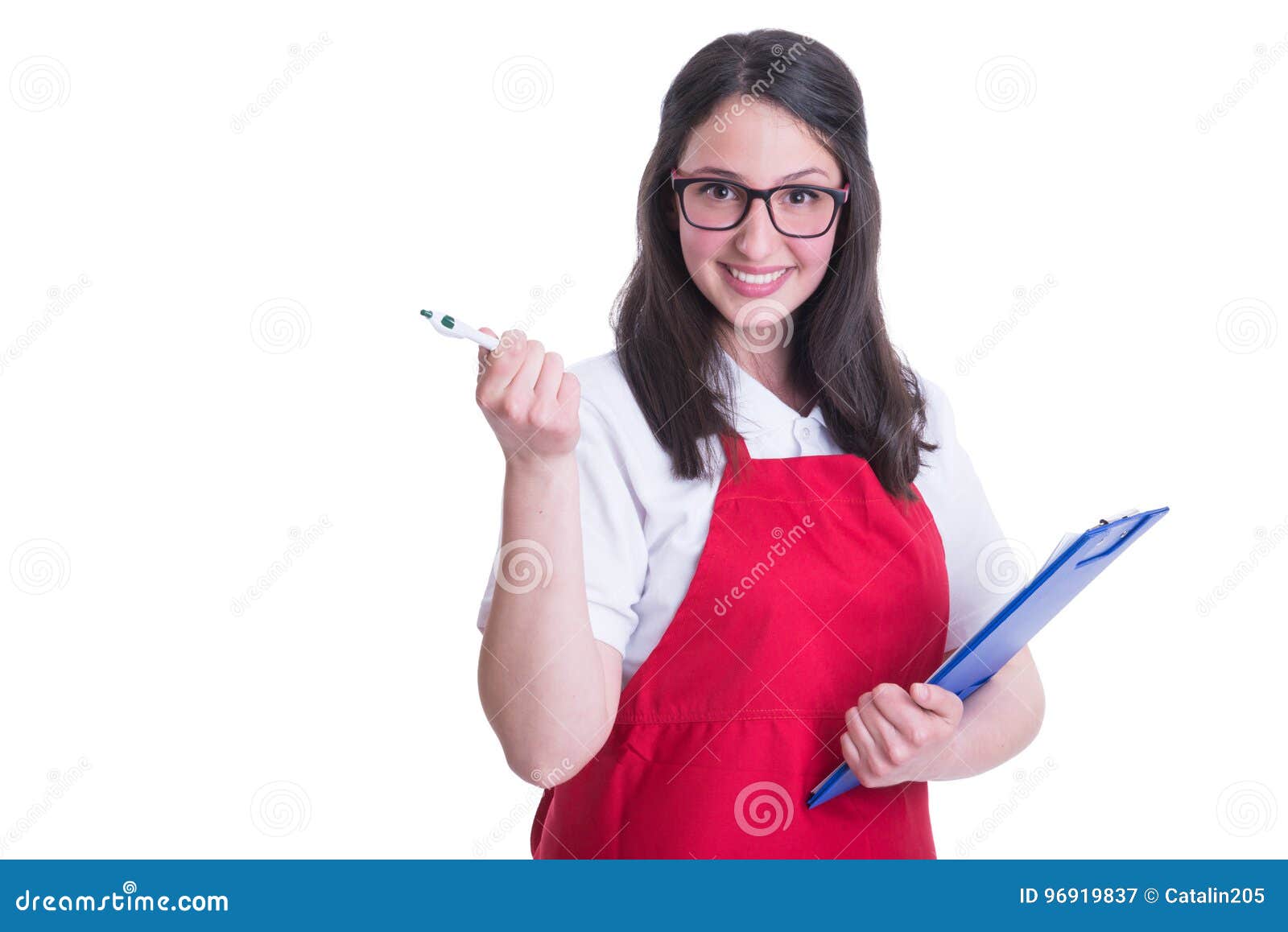 beautiful happy clerk holding clipboard