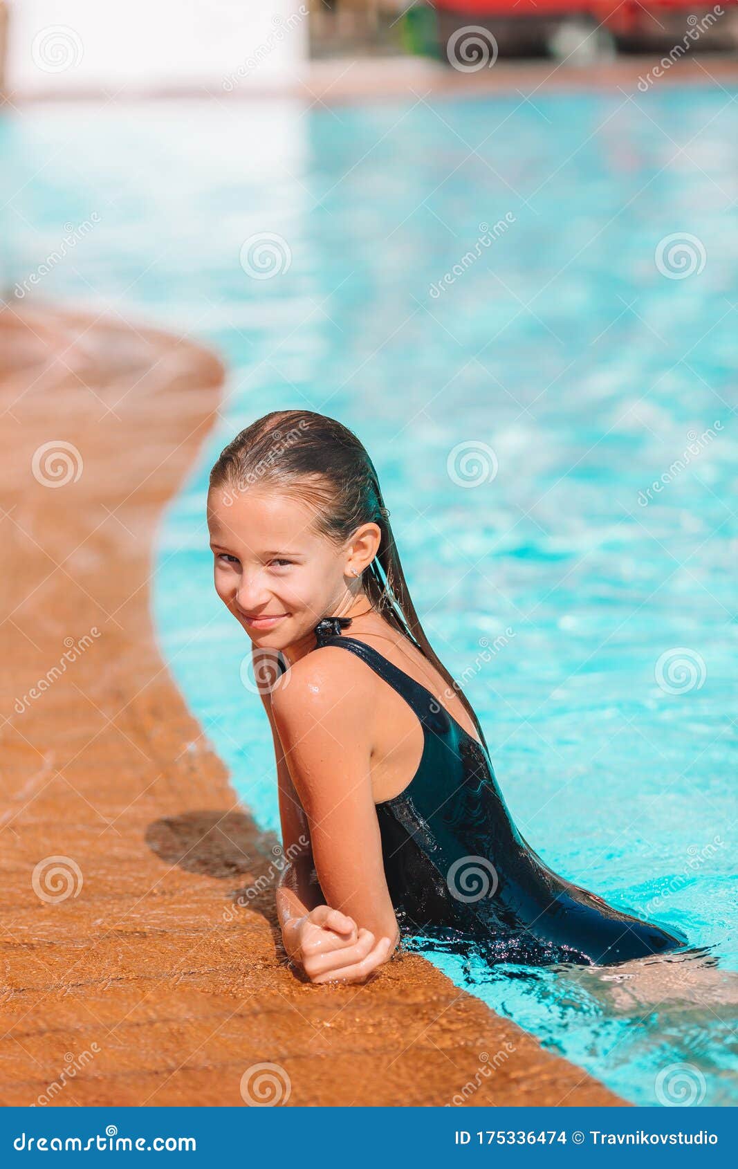 Download Little Adorable Girl In Outdoor Swimming Pool Stock Photo - Image of enjoy, activity: 175336474