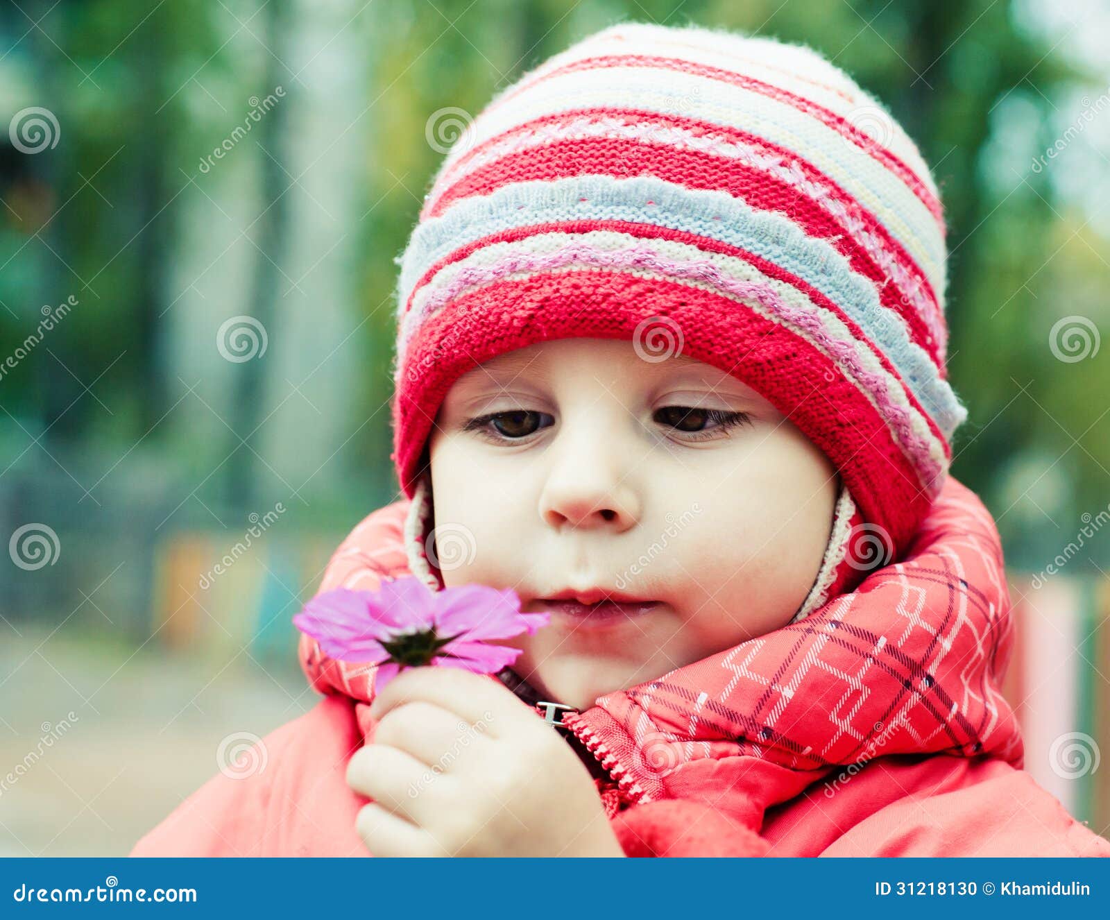 Beautiful Happy Kid in the Red Jacket Stock Photo Image of green