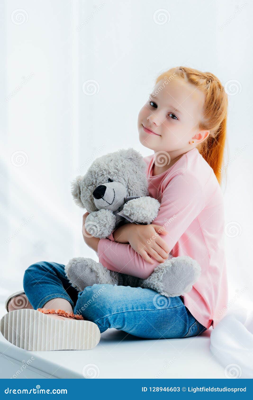 Beautiful Happy Redhead Kid Hugging Teddy Bear and Smiling Stock Image ...