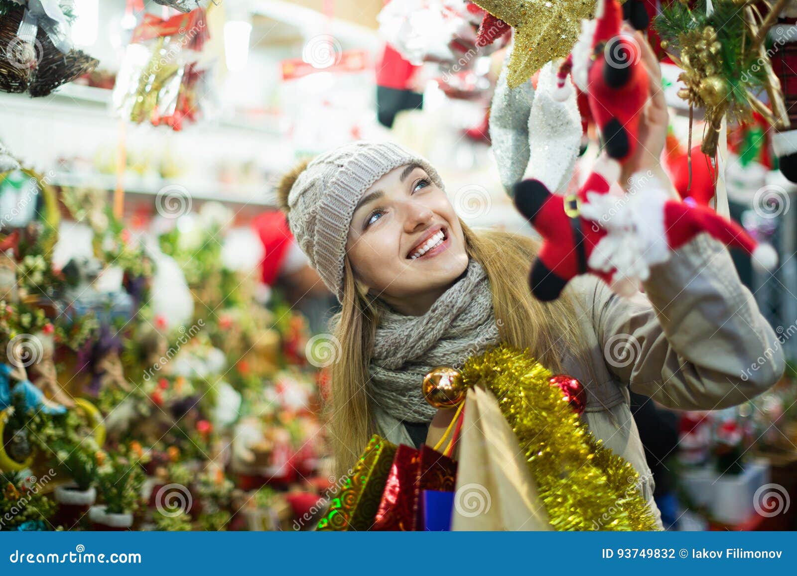 Beautiful Happy Woman Choosing Christmas Decoration at Market Stock ...