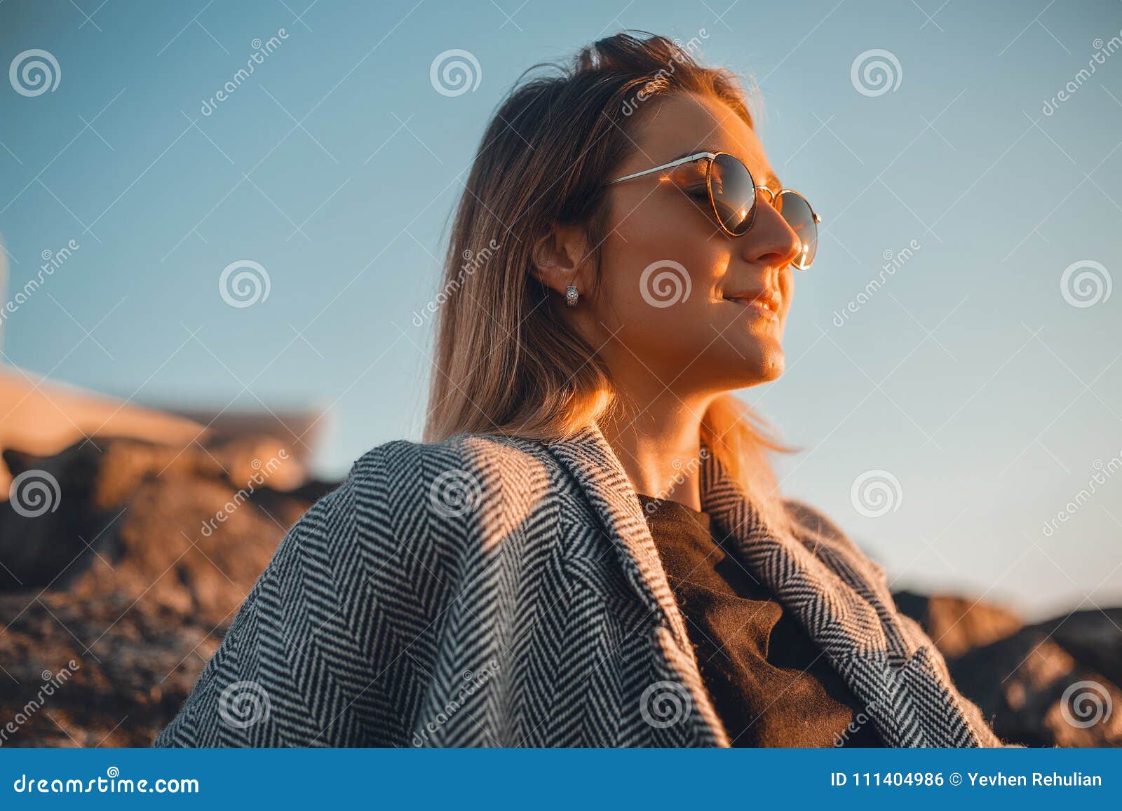 Beautiful Happy Woman In Sunglasses Standing At The Sea