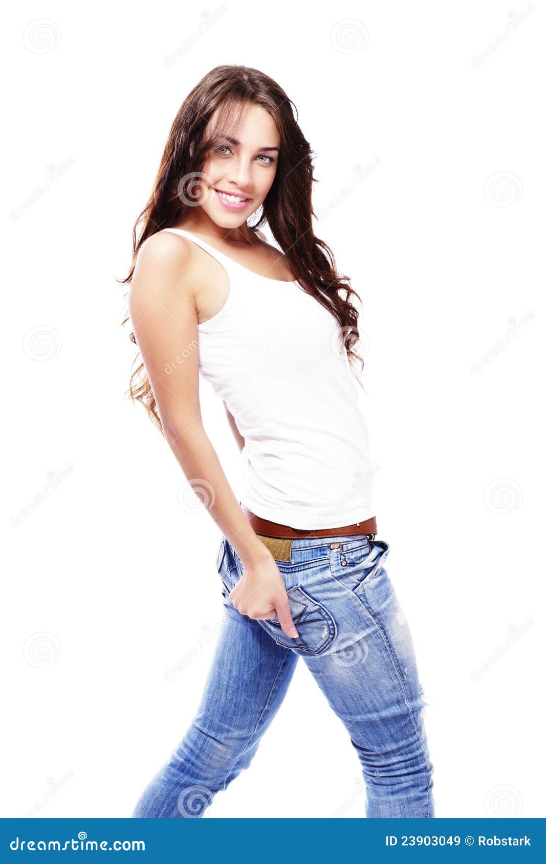 Beautiful Happy Woman Wearing Jeans Turning Around Royalty Free Stock ...