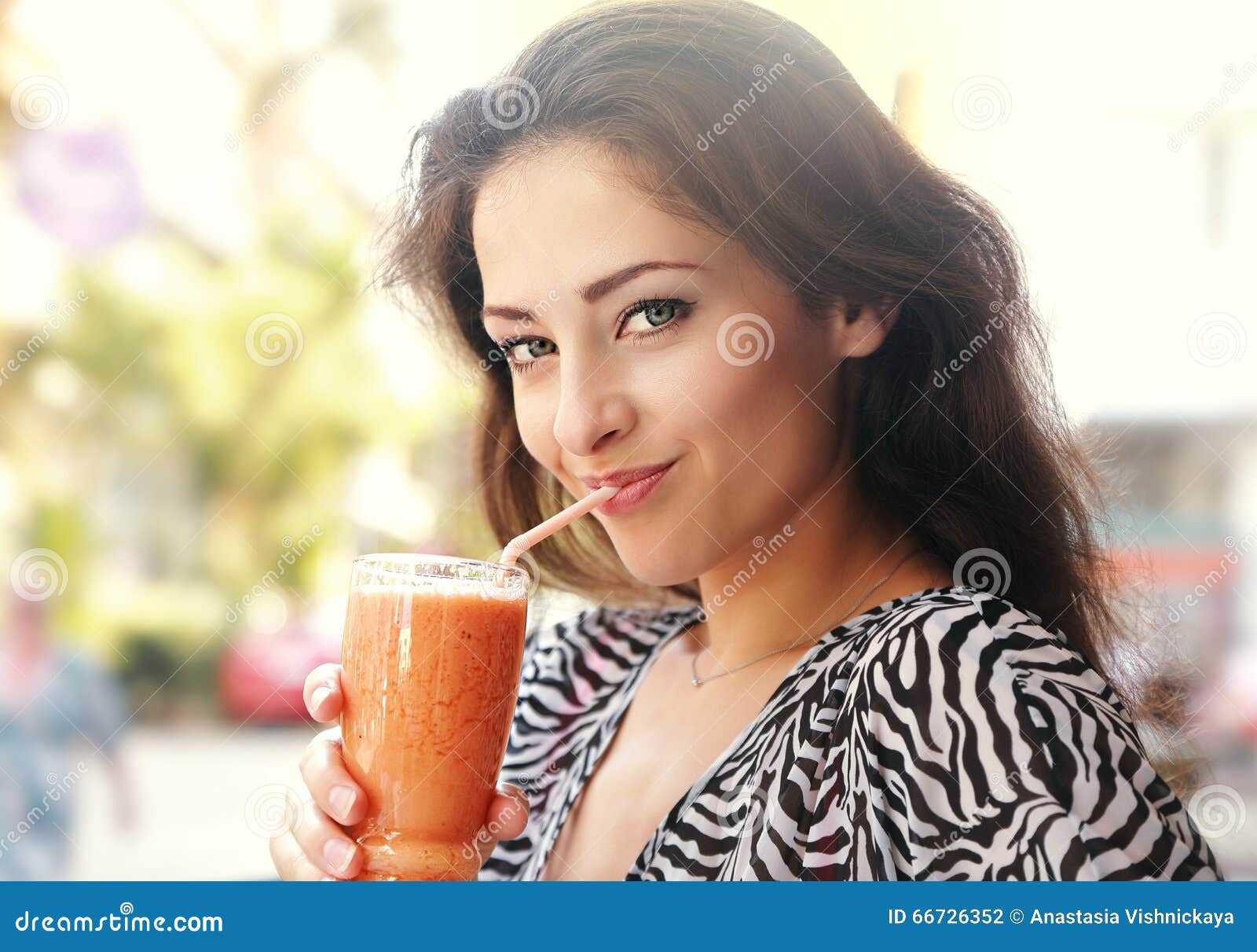 Beautiful Happy Young Woman Drinking Healthy Smoothie Juice Outdoor Background Closeup Portrait 