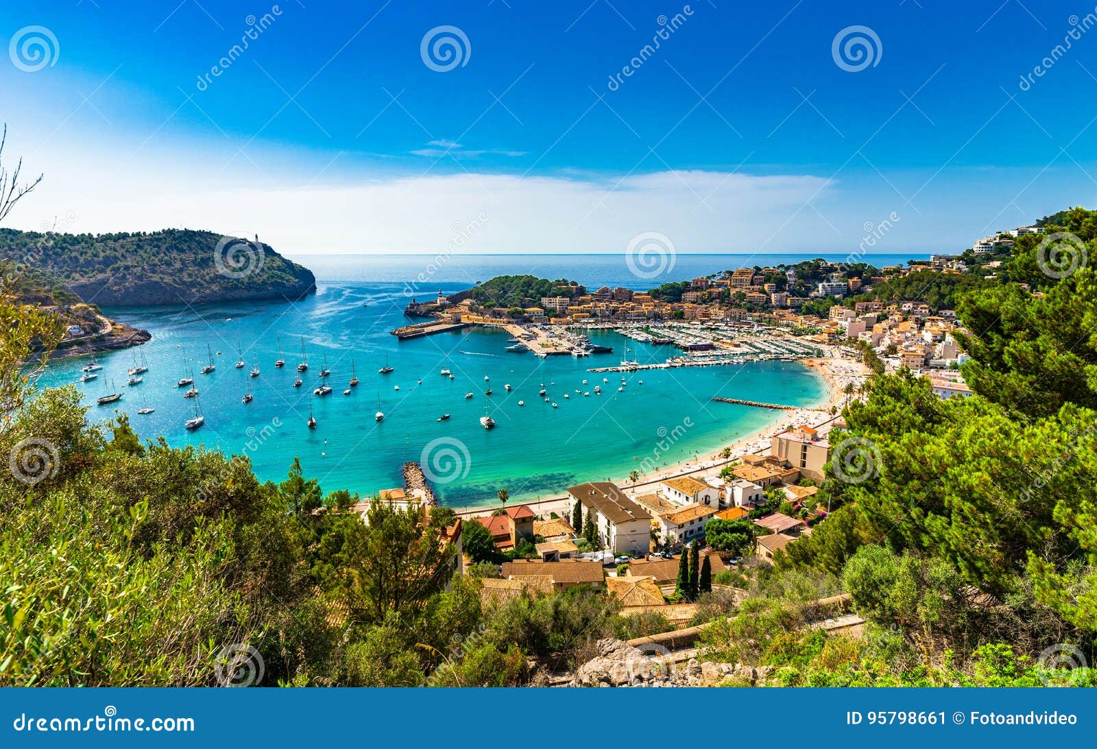beautiful harbor on majorca port de soller spain mediterranean sea