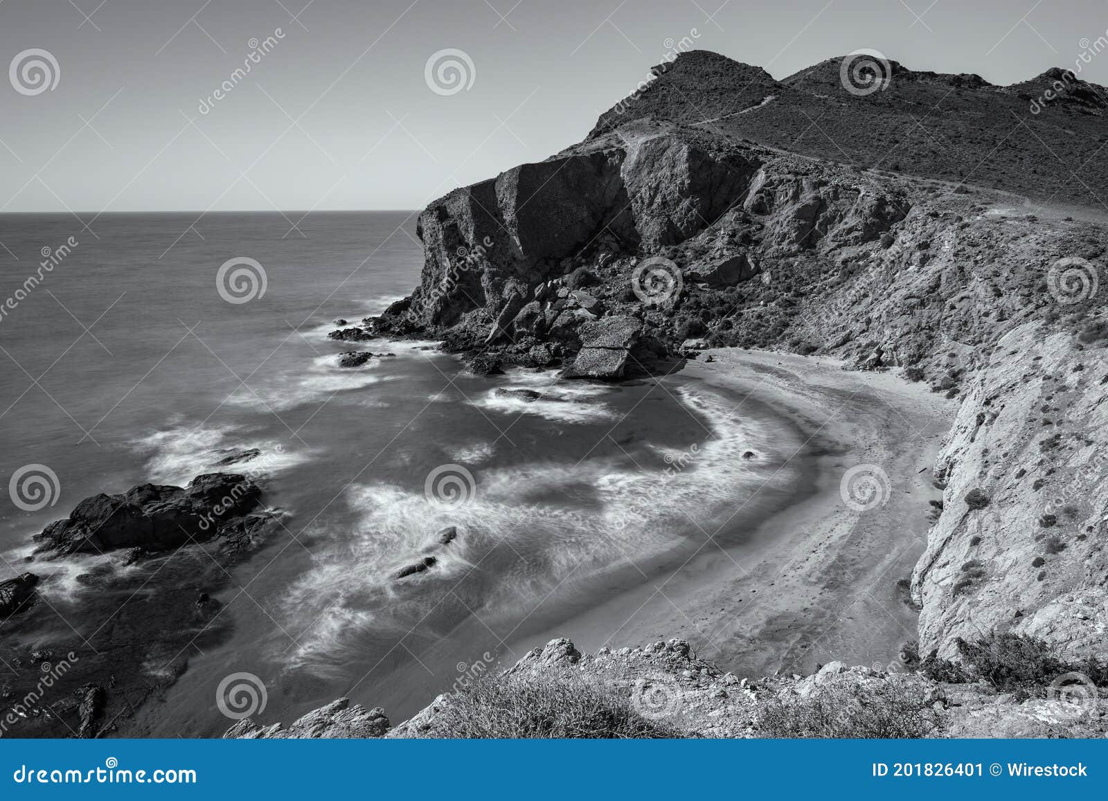 beautiful high angel shot of los amarillos landscape in cabo de gata, spain in grayscale