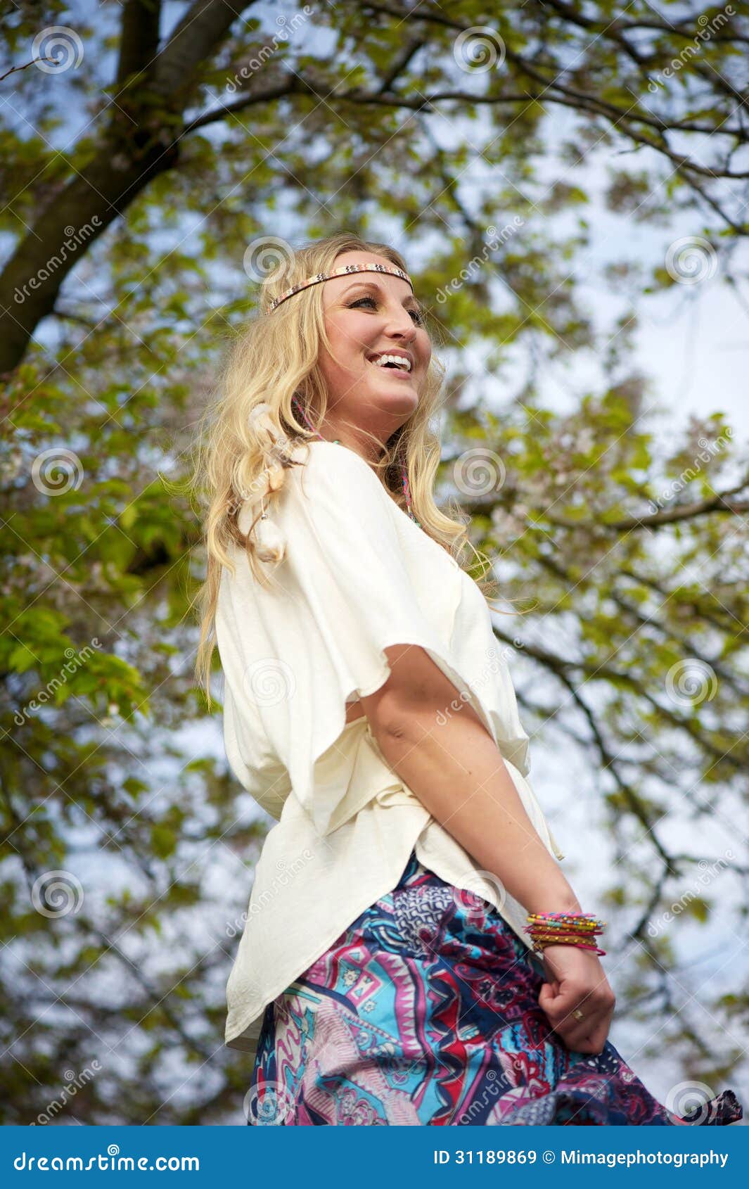 Beautiful Hippie Girl Dancing Under A Tree Stock Image - Image of