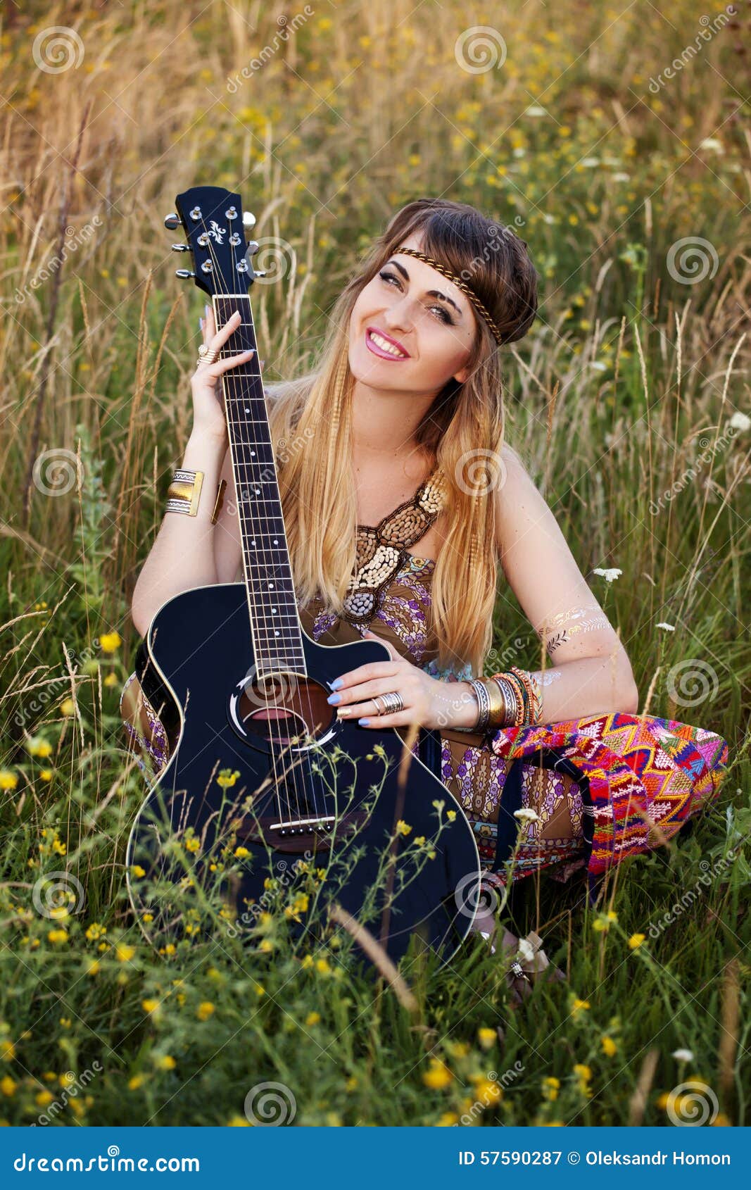 Beautiful Hippie Girl With A Guitar Stock Image Image Of Harvest