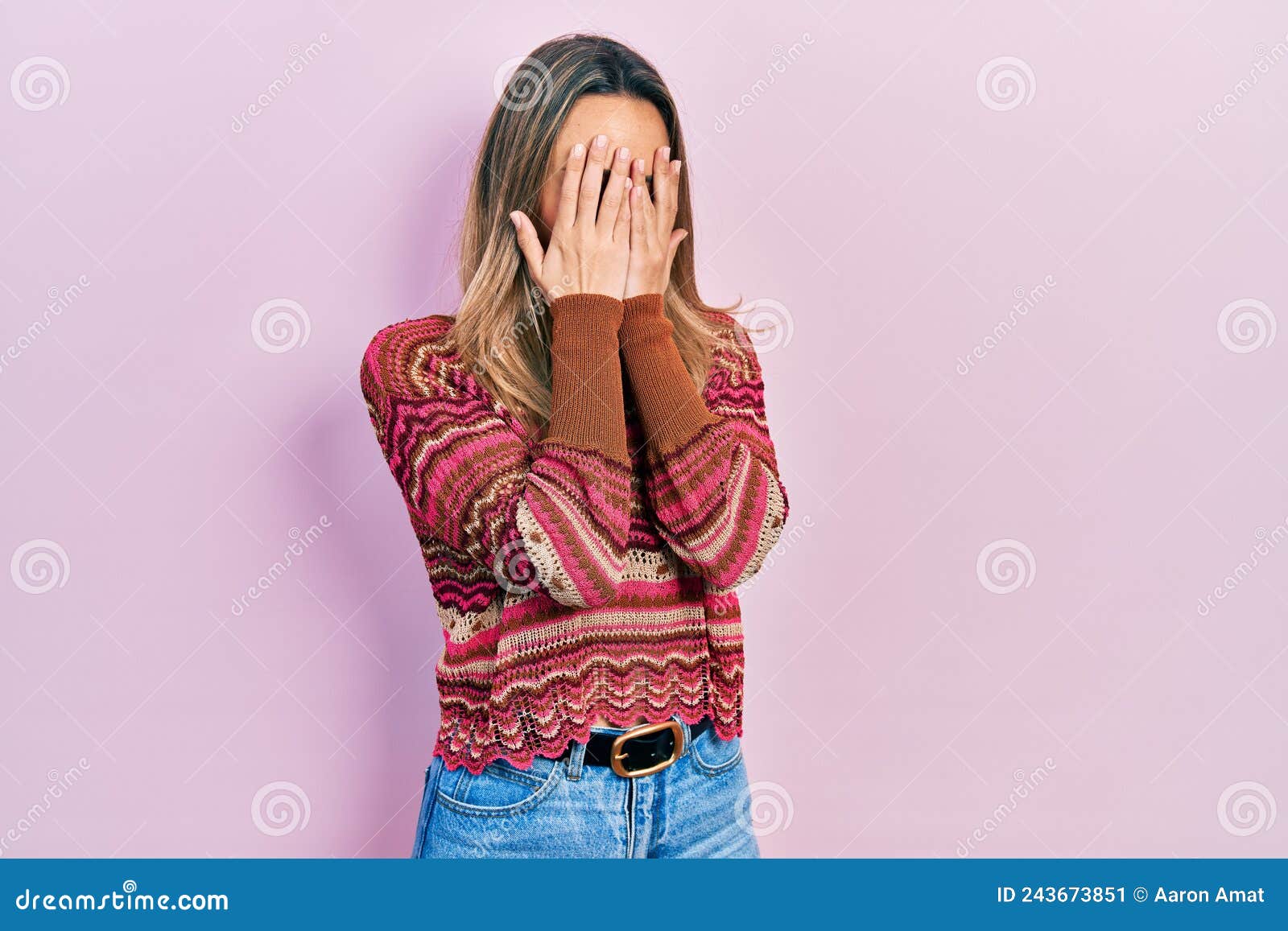 Beautiful Hispanic Woman Wearing Hippie Sweater with Sad Expression ...