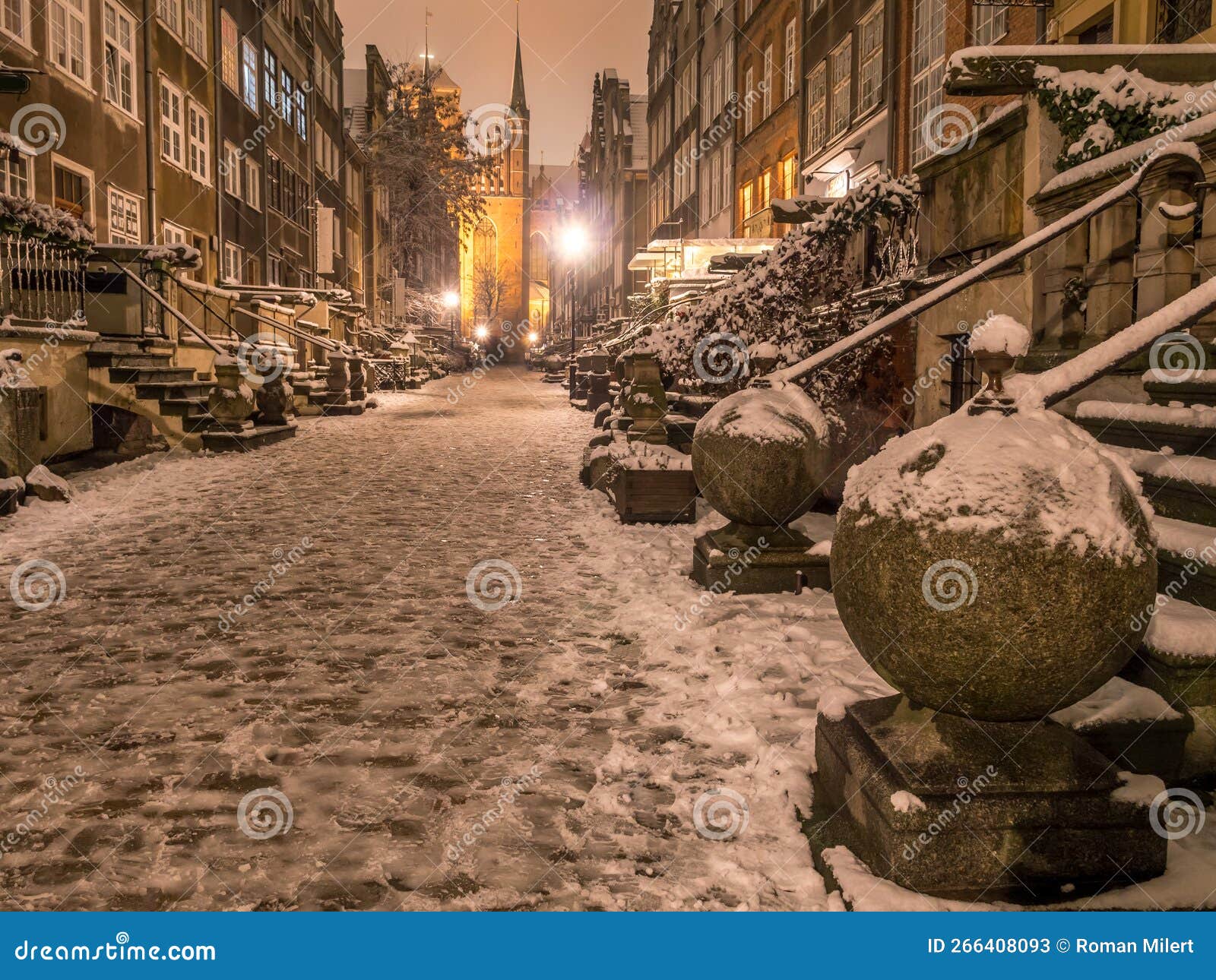 mariacka street at night, in winter, danzig, poland