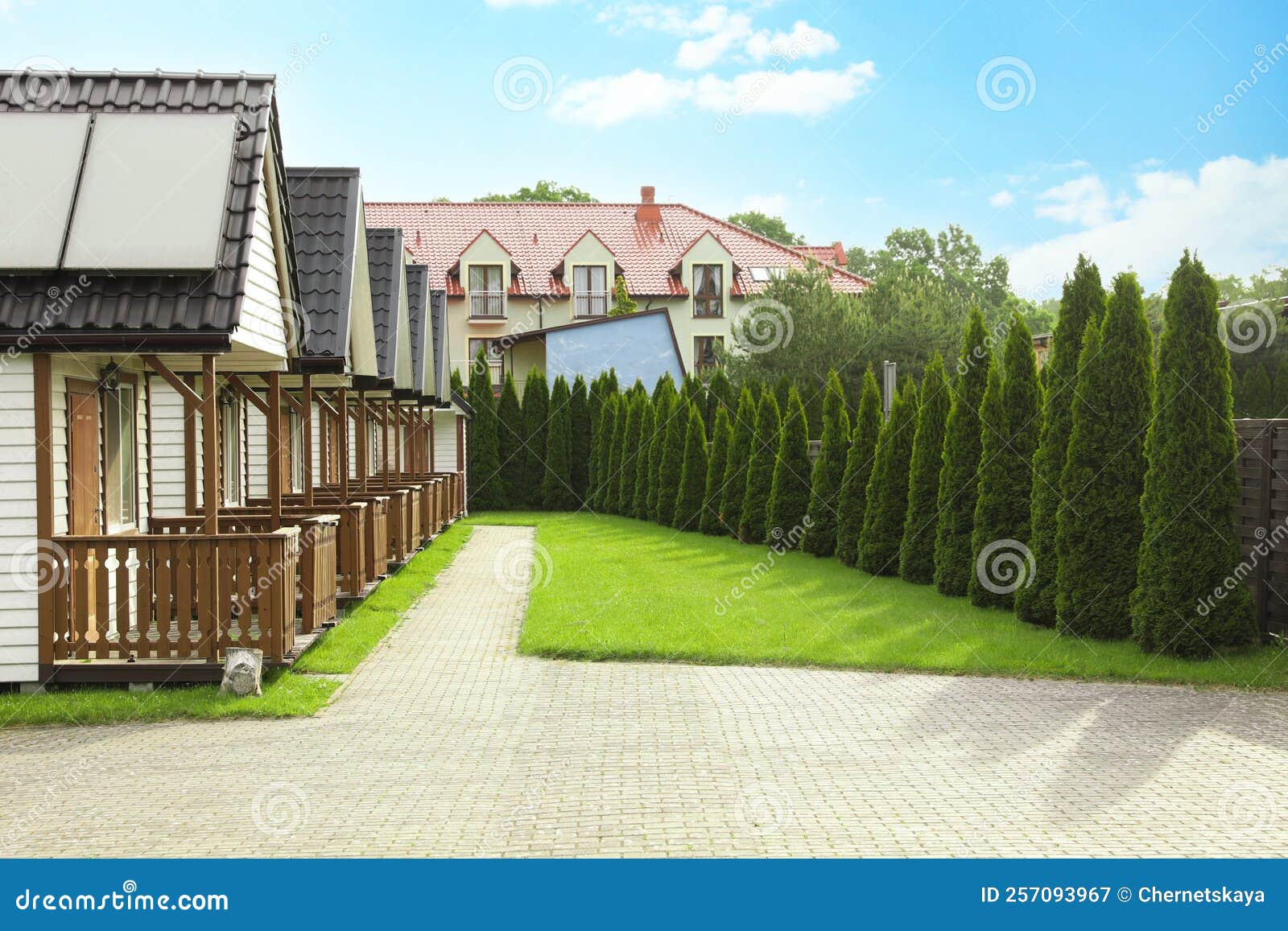 Beautiful Houses and Green Garden on Sunny Day Stock Image - Image of ...