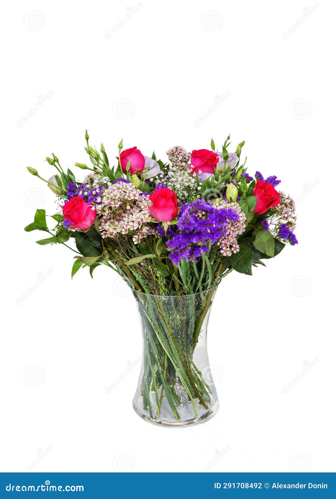 beautiful huge bouquet of red roses and stasis or limonium sinuatum or wavy leaf in vase on white background
