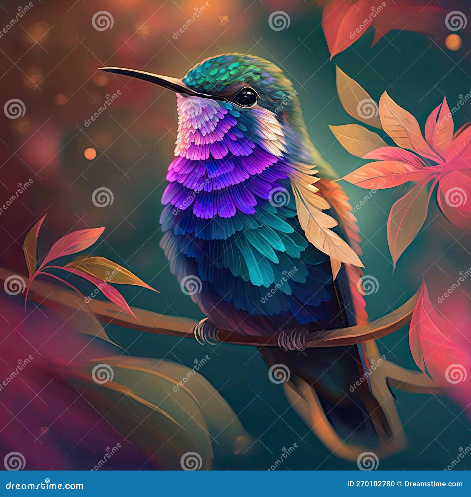 Bright Painting of Colibri among Leaves. Stock Illustration