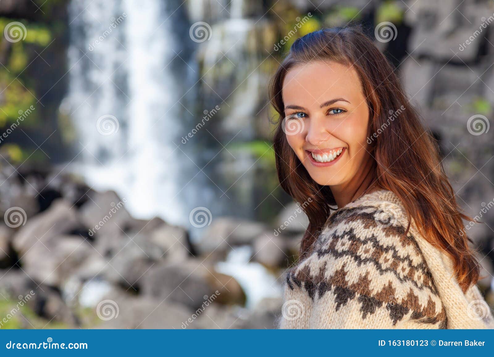 Beautiful Icelandic Woman Smilimng by a Waterfall in Northern Iceland ...