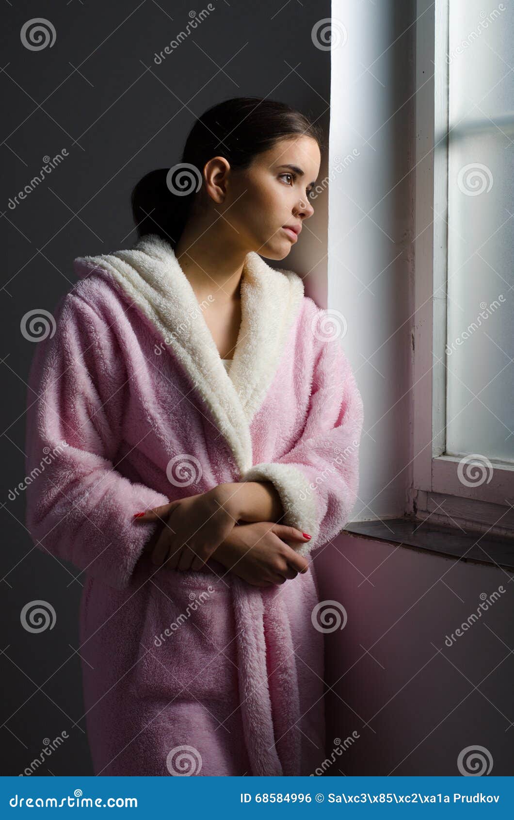 Beautiful Ill Sad Girl in Pajamas Looking through Hospital Window ...