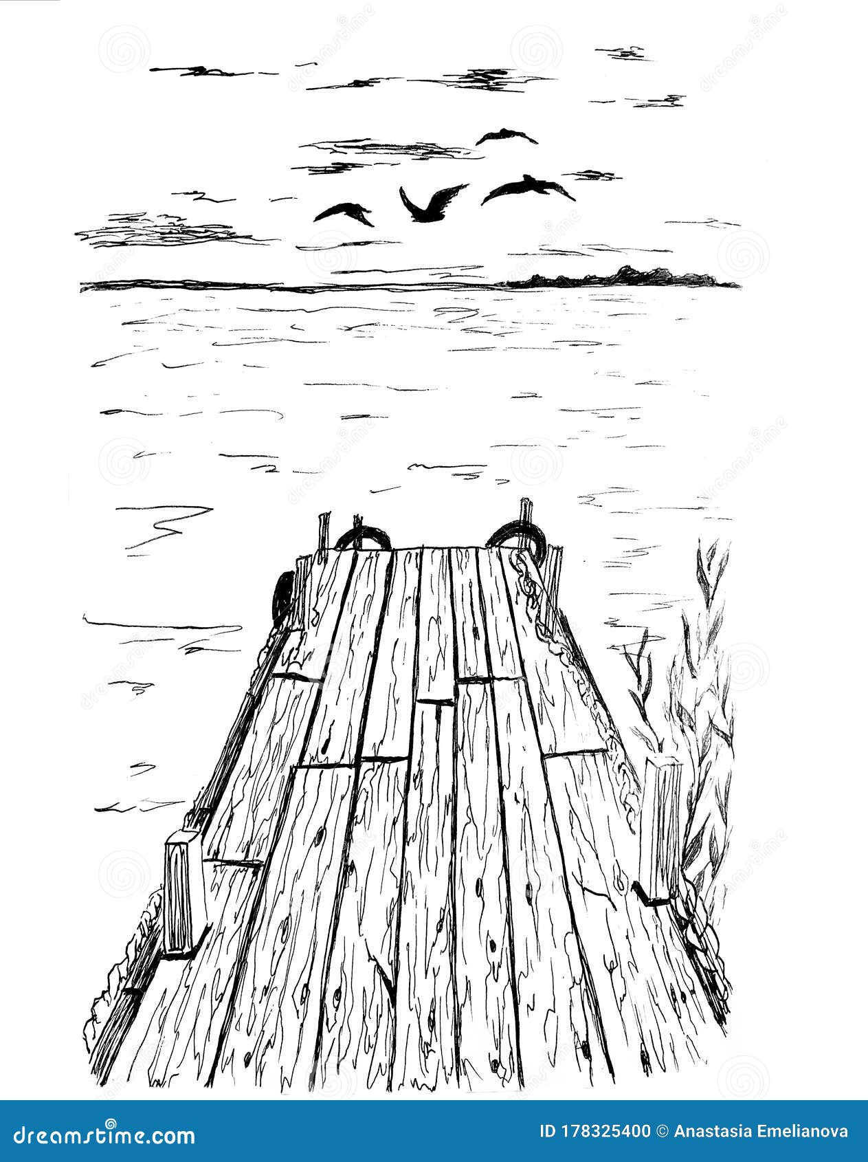 Dock on the Water Ink Drawing Stock Illustration  Illustration of board  painting 178325400