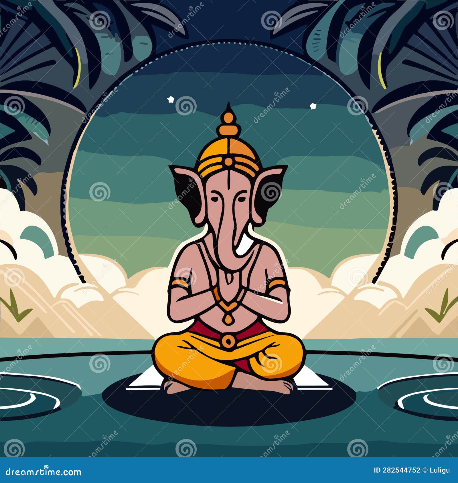 Divine Serenity: Meditating Ganesha in Sacred Waters Stock Vector ...