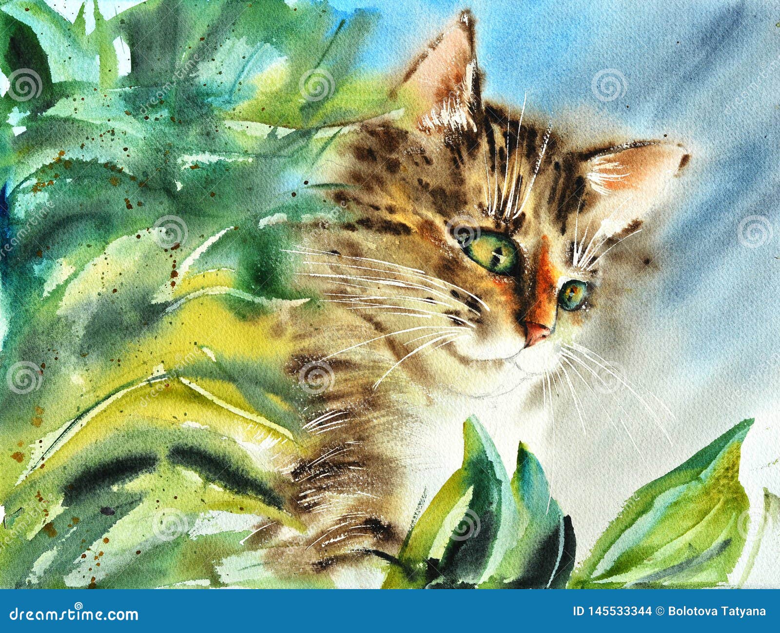 Beautiful Illustration of a Fluffy Striped Multicolor Cat with Yellow Eyes  and White Mustache. Watercolor Stock Illustration - Illustration of hand,  kitty: 145533344
