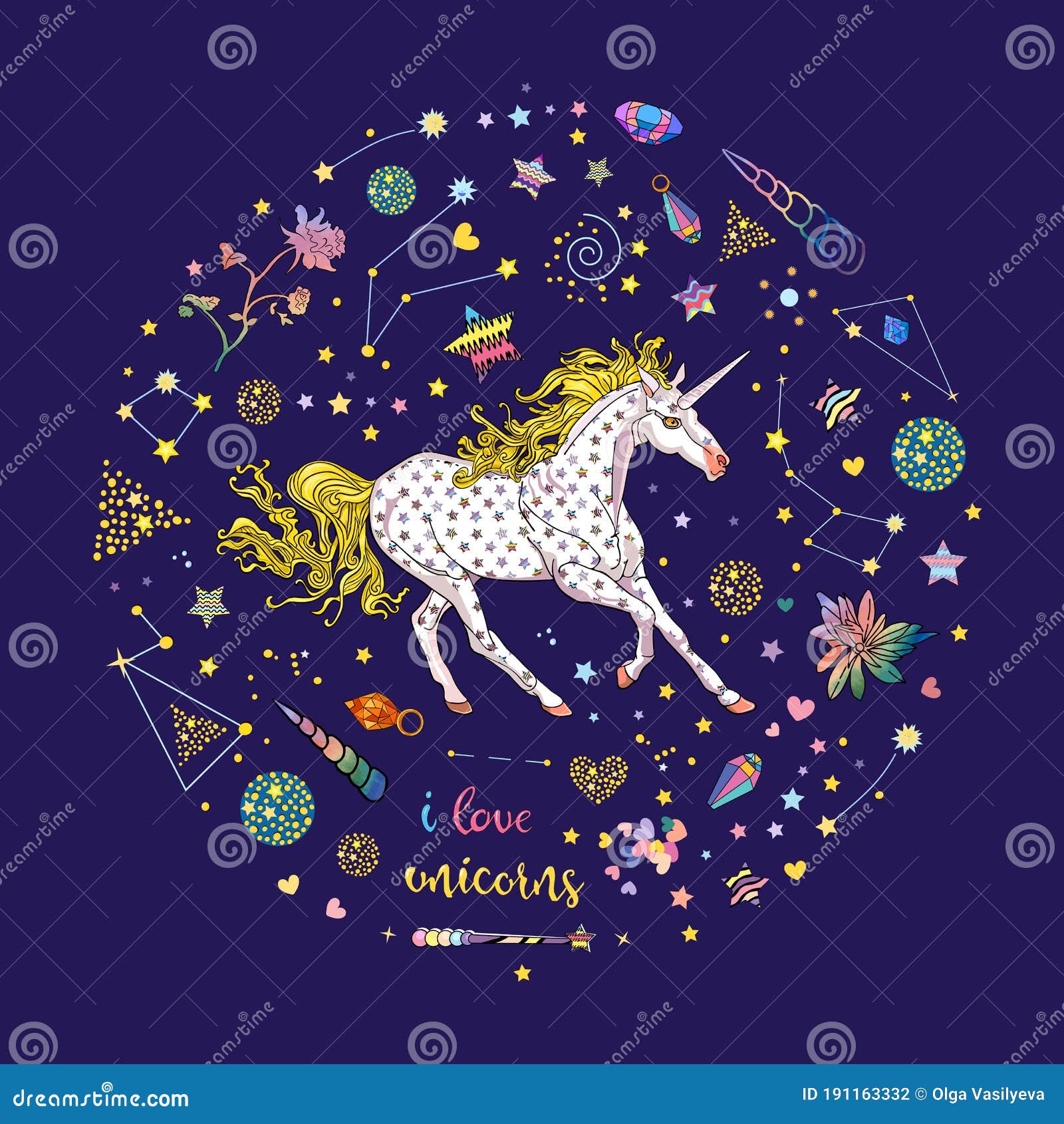 beautiful  of skittish unicorn inside blue square with constellations, stars, crystals  on blue