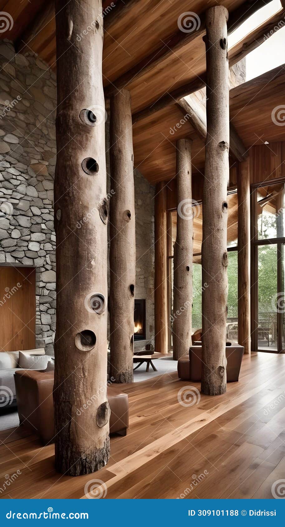  of a tree-trunk columns in a modern house