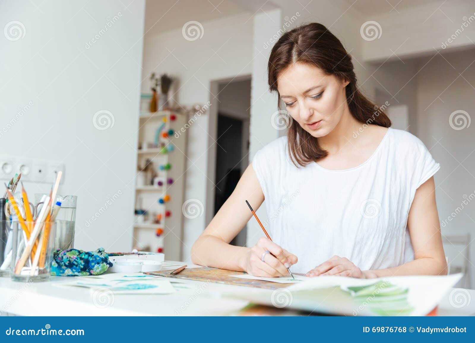 Beautiful Inspired Woman Painter Painting in Art Studio Stock Photo ...