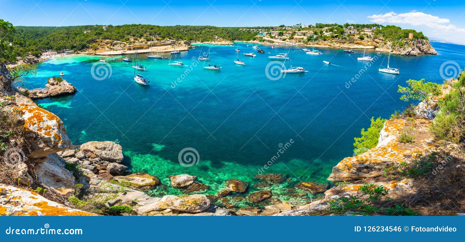 beautiful island panorama view of bay with yachts at portals vells beaches, majorca, spain