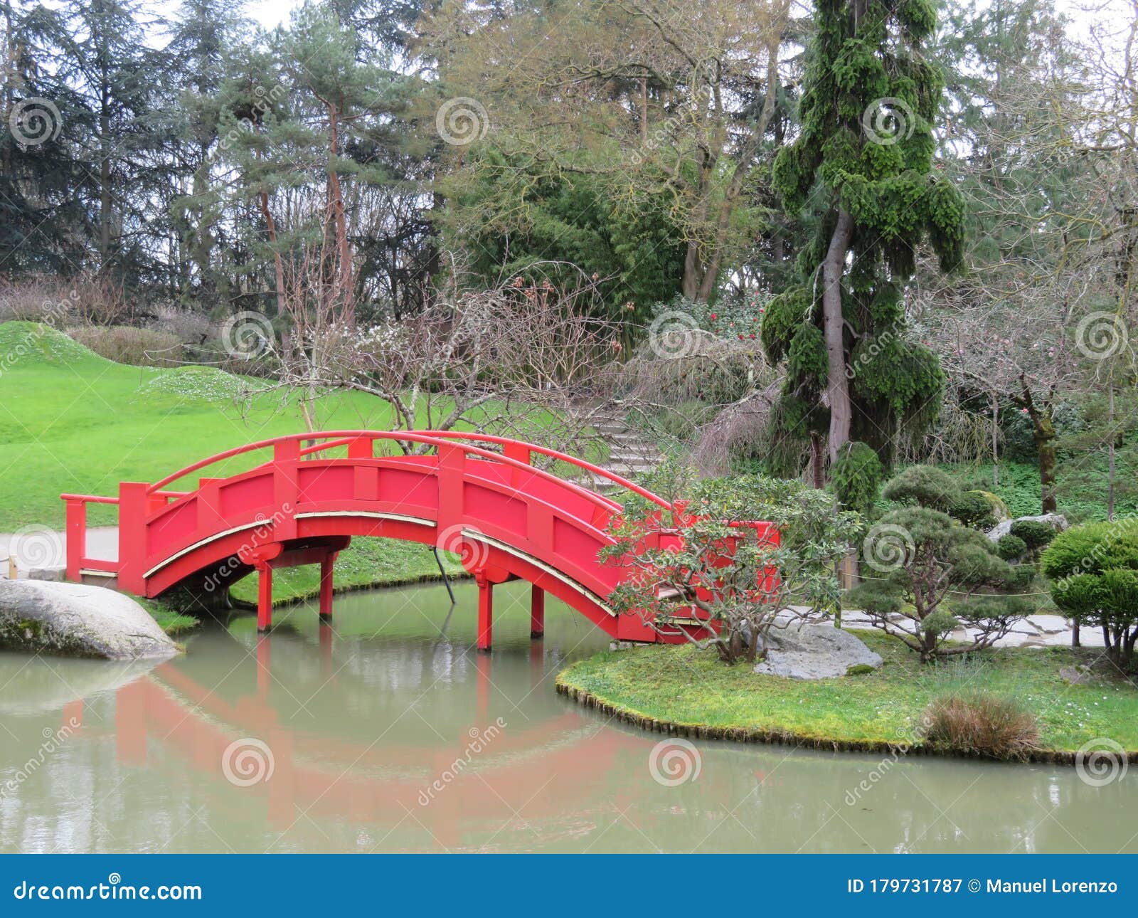 beautiful japanese garden in the city of toulouse with lake and bridge