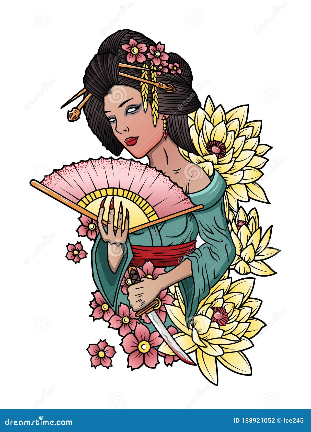 Japanese Geisha with a Knife in His Hand Stock Illustration ...